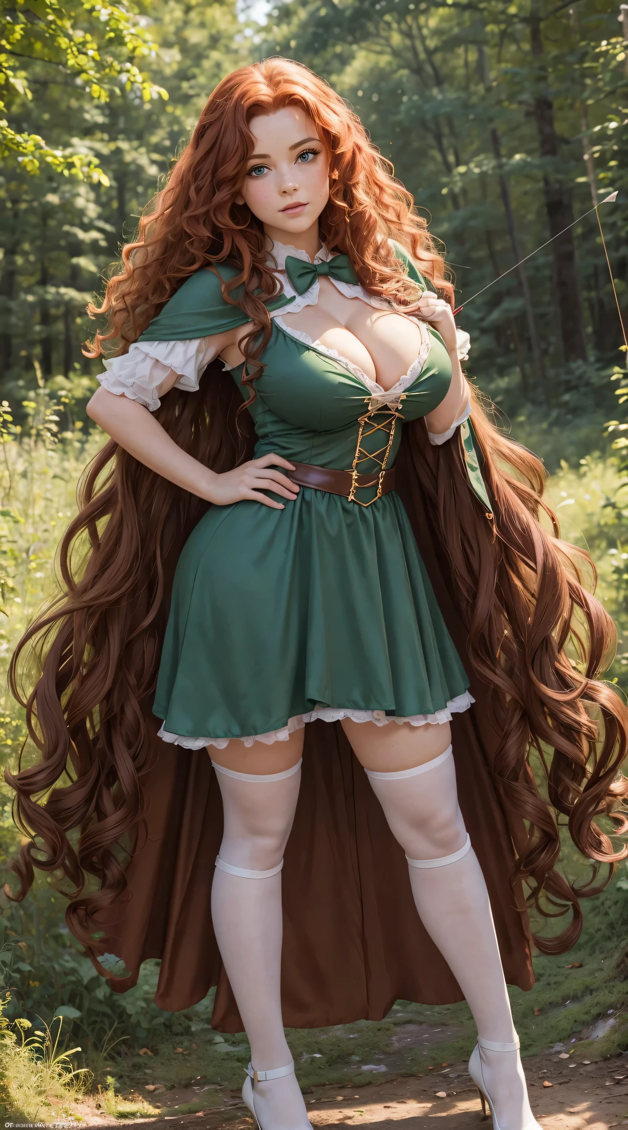masterpiece, best quality, expressive eyes, perfect face, looking at viewer, large breast, big breast, small waist, , Best Quality, Realistic, perfect figure, highly detailed, showing cleavage, dressed as merida from brave, Red curly hair, big hair, blue eyes, Green outfit, in the forest, bow and arrow, detailed dress, freckles on her face, cheek blush, big puffy hair, very curly hair, castle in the bakcground, wearing a green cape, large nipples, short dress white stockings, garter, full body portrait