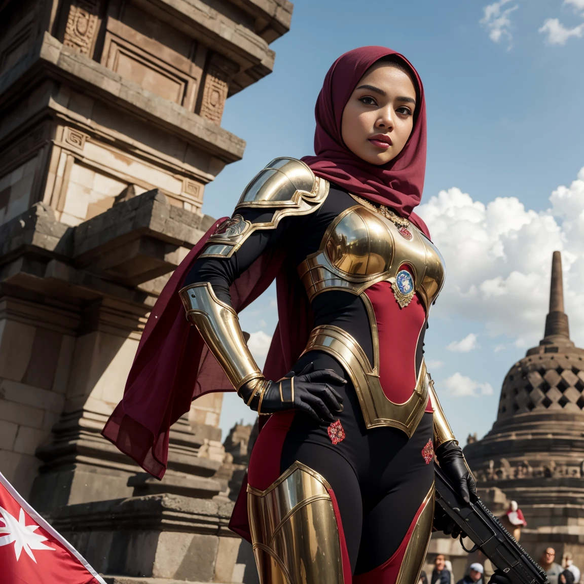 RAW, Best quality, high resolution, Masterpiece: 1.3), Beautiful indonesian woman in hijab,Masterpiece, best quality,8k, brown eyes, perfect eyes,Imagine the indonesian girl in hijab in a futuristic command center, ((gun on right handand Indonesian flag on left hand)),  strategically coordinating her mecha suit's actions to respond to a crisis, showcasing her leadership and intelligence, stand with backgroun candi borobudur