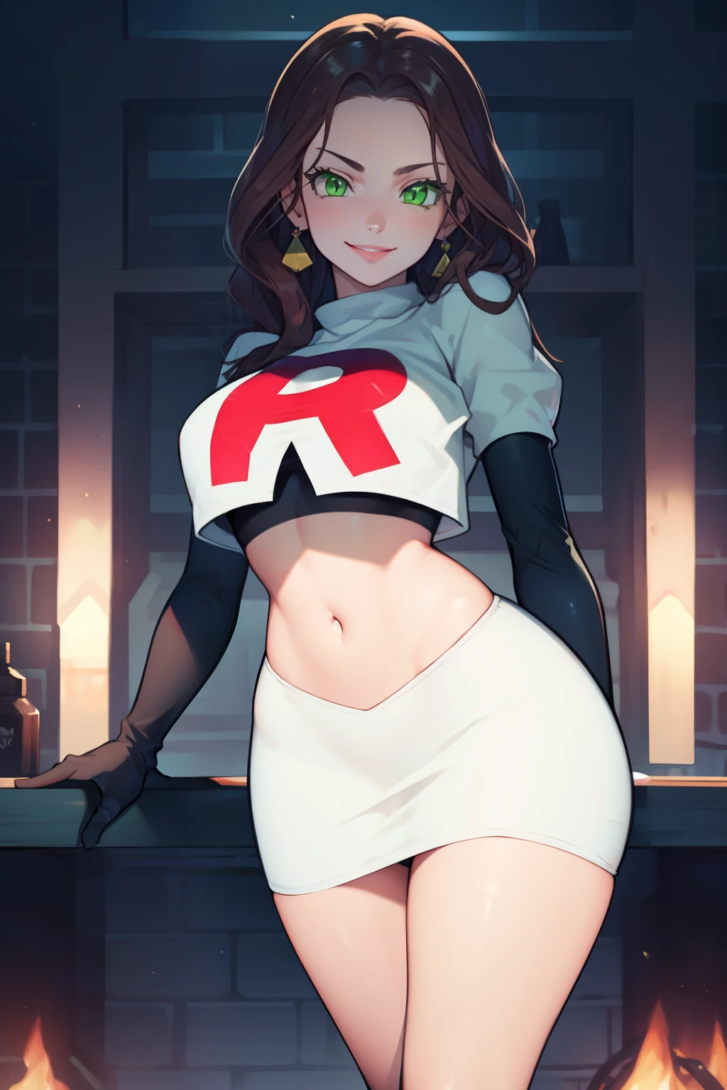 dorothea, green eyes, glossy lips ,team rocket,team rocket uniform, red letter R, white skirt,white crop top,black thigh-high boots, black elbow gloves , looking at viewer, evil smile, arms crossed