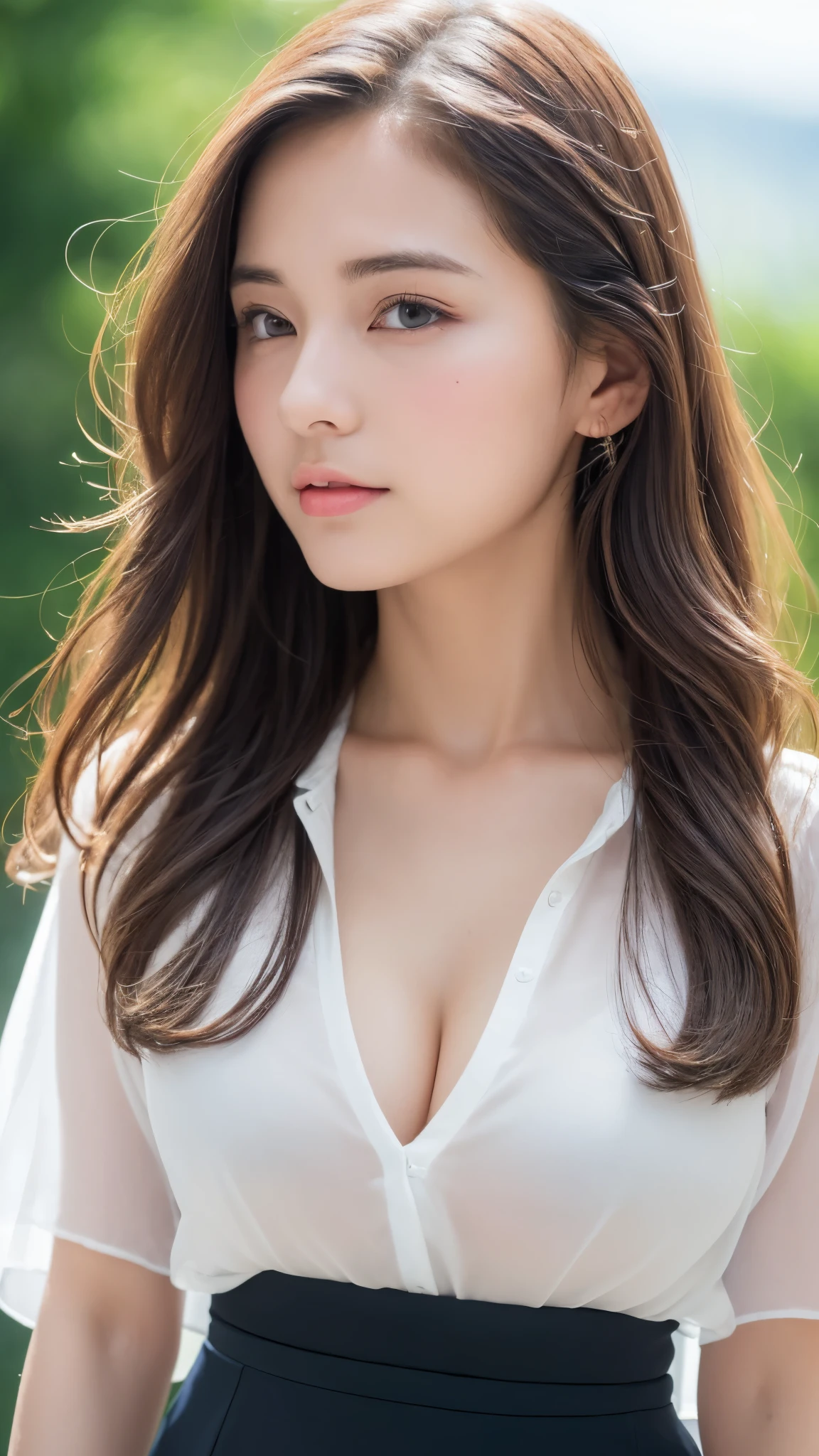 ((Best Quality, 8K, masutepiece :1.3)), Sharp Focus :1.2, A cute with a perfect figure :1.4, Slender Abs :1.3, Raw photography、超A high resolution, Full body, fair white skin、shiny white skin、(Wavy blonde hair)、dark brown hair、Ultra-fine eyes, super fine hand, Ultra-fine fingers、Beautiful eyes with random colors、very thin lips, finely detail、elongated eyes、pale pink blush、long eyelashes beautiful double eyelids、Lighting that emphasizes beautiful skin、Shiny skin 2, ((Layered longhair, Big breasts :1.2)), Open Shirt Show Bleach , (Detailed transparent clothing), (see through bra), ((Detailed white tight shirt )), ((Detailed face )), ((Detailed tight short skirt), water shower, luxury office :1.4, Highly Detailed face and skin texture, Detailed eyes, 二重まぶた