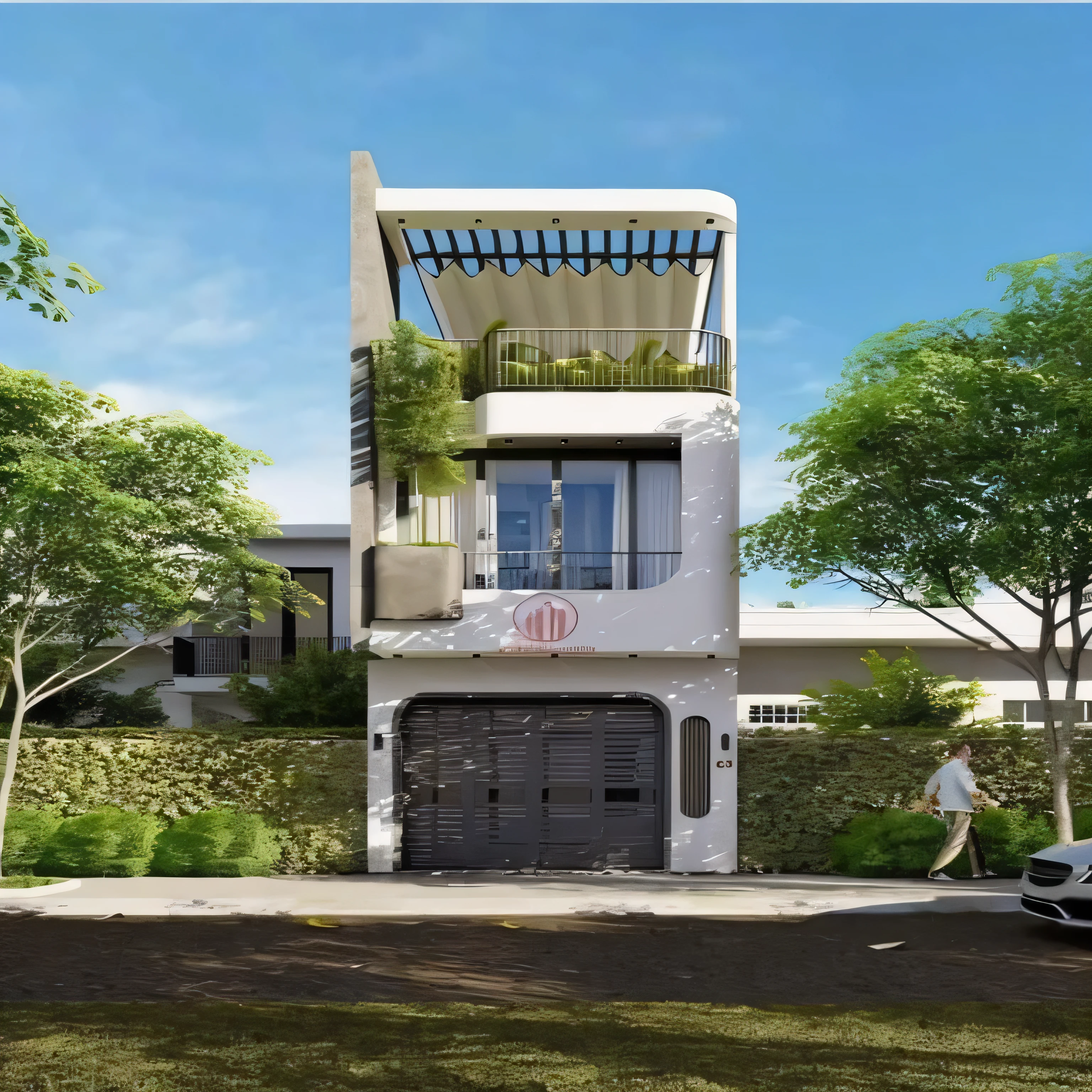 a rendering of a modern house with a garage and a balcony, residential, concept house, frontview, inter dimensional villa, house, precise architectural rendering, an architectural, complete house, architectural rendering, front-view, architectural 3 d render, exterior design, high quality rendering, residential design, 3d rendering, front perspective, overall architectural design, 3 d rendering, RAW photo, (high detailed skin:1.2), 8k UHD, DSLR, soft lighting, high quality, film grain, Fujifilm XT3