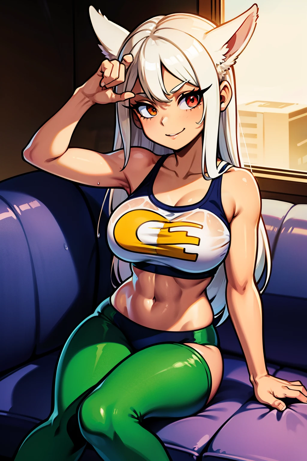 Cute girls,ojos rojos redondos, cabello blanco、orejas de conejo,sexy、sonriendo,Peinado liso medio a largo、(Bigboobs,lleva una lenceria verde,lleva unos leggins verdes,En una casa de alquiler,sitting on the couch,Noche,estaba lloviendo afuera,Upper body is wet.,cuerpo entero,lleva unos leggins verdes,green leggins
