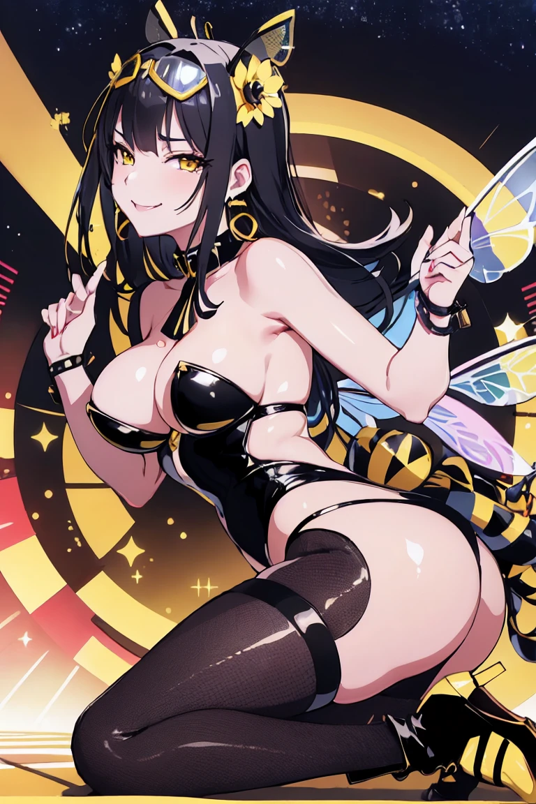 nsfw, pixiv, evil smile, sadistic, erotic lips, seductive eyes, drooping eyes, provocative expression, smirks, squint, enraptured, fascinated, scornful laughter, aroused, lovely, naughty face, half closed eyes, fearless smile, crazy smile,toned female, glamorous perfect female proportion, wide hips, extremely shiny, reflecting light, awesome metallic surface texture, cute, akiba, anime face, moe, yellow and black striped hair, wasp ornament, Yellow and black striped boots, wasp transparent wings, bee Transparent wings, wasp antennae, wasp printed, Honeycomb printed, poison needle, yellow and black striped fur, wasp eye helmet, spike choker, earrings,, best quality, amazing quality, very aesthetic, absurdres