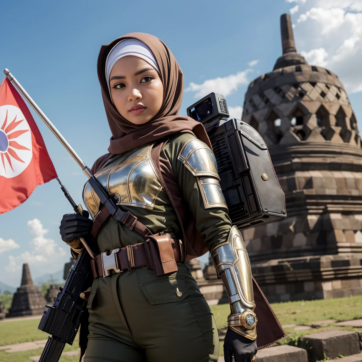 RAW, Best quality, high resolution, Masterpiece: 1.3), Beautiful indonesian woman in hijab,Masterpiece, best quality,8k, brown eyes, perfect eyes,Imagine the indonesian girl in hijab in a futuristic command center, ((gun on right handand Indonesian flag on left hand)), strategically coordinating her mecha suit's actions to respond to a crisis, showcasing her leadership and intelligence, stand with backgroun candi borobudur, (Indonesian flag on left hand)