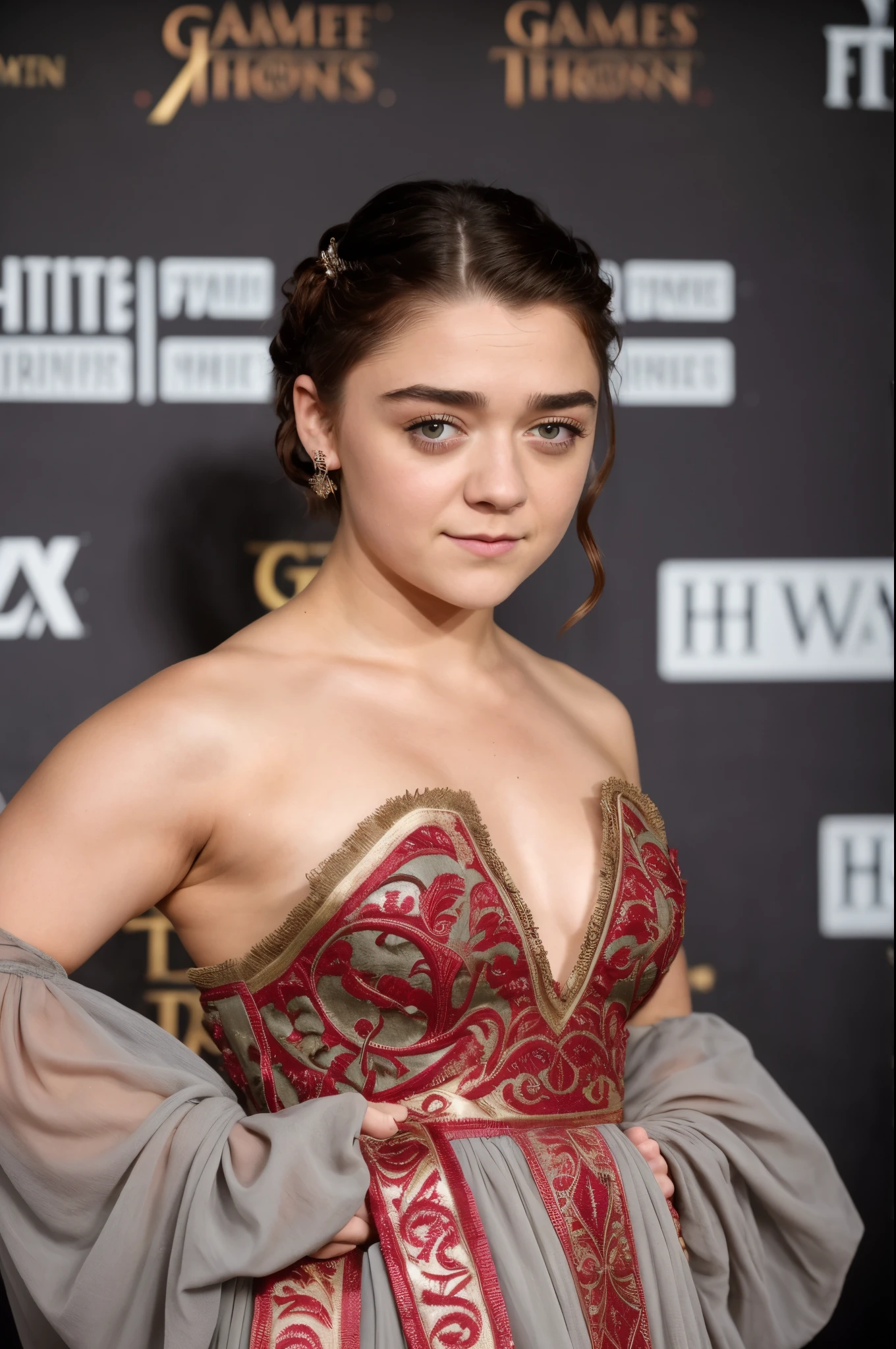 Foto RAW, RAW photograph of Maisie Williams, Arya Stark, Extremely gorgeous lady, Arya Stark PLAYED BY MAISIE WILLIAMS, Queen Arya Stark, she a mature woman now, milf, sexy mediaeval battle dress, gladiator woman, body, 40 years old Woman, body revealing costumes, perky breast, skin pores, big natural breast, erotic costumes, lusty physique, seductive figure can capture every people's attention, Game of thrones costumes, revealing captivating figure, Mediaeval costumes, revealing clothes, A tomboy, she would rather fence than dance, warrior queen , game of thrones screen caps, Game of Thrones Series, (pele altamente detalhada: 1.2), 8k UHD, DSLR, soft-lighting, alta qualidade, grain of film, Fujifilm XT3, flawless picture, highly detailed, detailed Beauty, intricate, 32k, sharp picture,