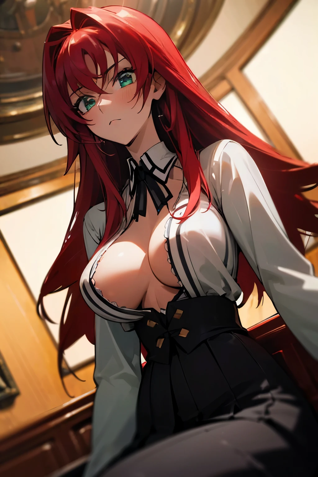 (Masterpiece:1.2, high quality:1.2), (solo:1.2), (1girl:1.2), (pixiv:1.4), (Rias gremory), indifferent, (stare:0.8), crimson red hair, wavy long hair, sharp bangs, crystal green eyes, (detailed eyes), double eyelids, black eyeshadow, long eyelashes, pale pink lips, symmetric face, (detailed face), neckline, collarbone, (beautiful round breats:1.3), voluptuous body, school uniform, unbuttoned shirt, pleated skirt, (pov from below), front view, slim waist, waistline, thighs, body curves, sitting on couch, dynamic lighting, classic wooden wall, (detailed face), ultra-detailed, intrinsic details, vivid colors, aesthetic indoors, castle, HD, 4k, (highres:1.5), professional photography, blurry background, sharp focus, ((detailed face)), highly focused face