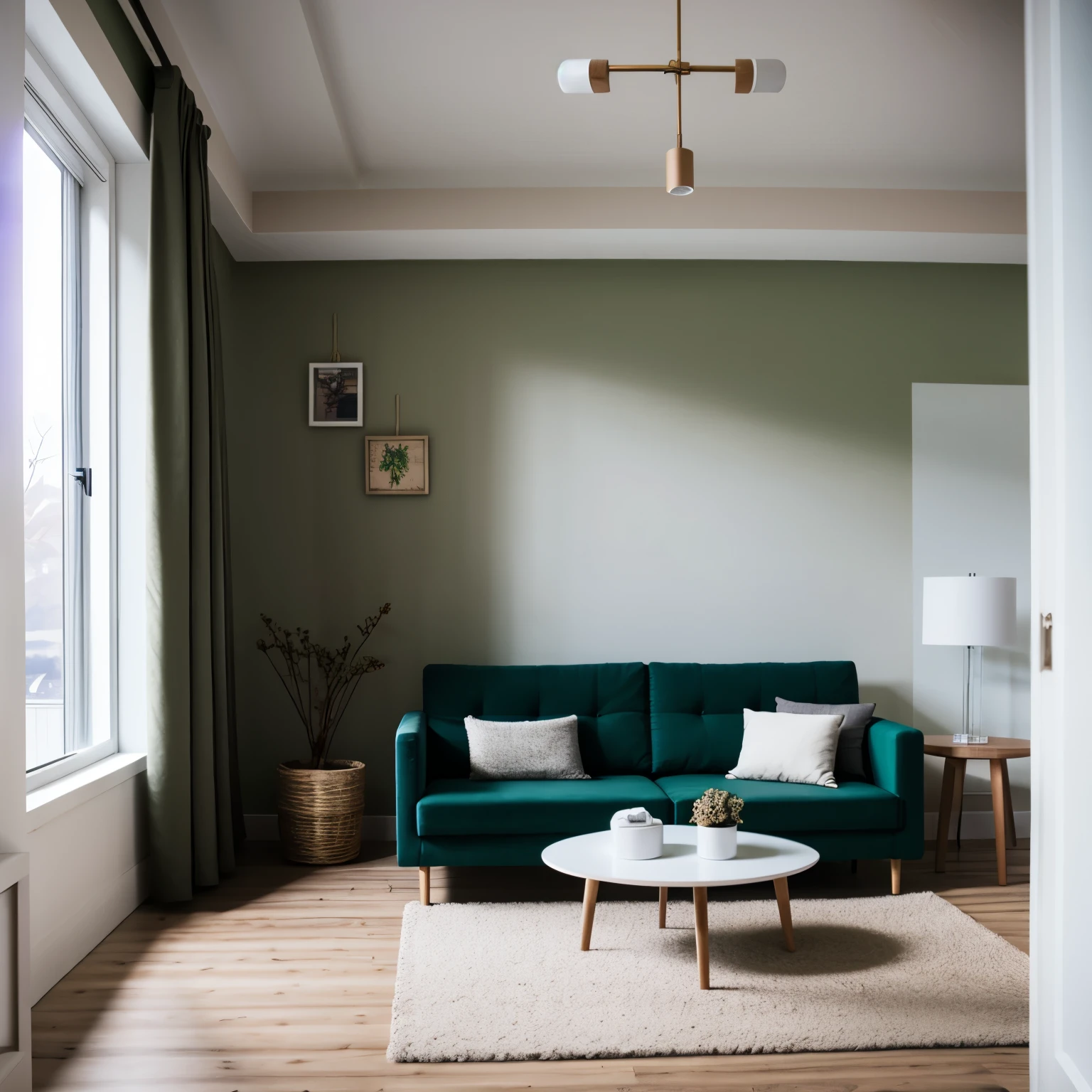((Best quality at best)), ((tmasterpiece)), (detailed), Perfect scene，liveroom，There is a sofa in the middle，wooden floor，There is a carpet on the floor，The carpet is white，There are some toys scattered on the ground，nerds，There is a pot of green plant on the right side of the sofa，On the left wall is a window，There is a white curtain next to the window，Light shines in from the left，Hit the floor，liveroom的墙上有一幅素雅的壁画，（8k）（Front view）