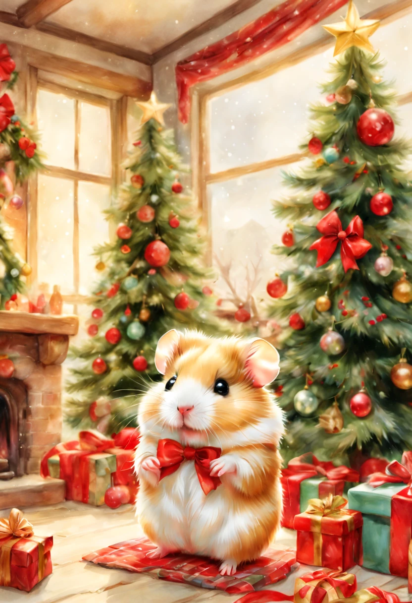 (Christmasパーティ会場:Christmas Decorations),inside in room,Christmas tree,ceiling decoration:Christmas,candy:Christmas,(hamster christmas party),(ダンシングhamster:party attire:dance:pulling the hands up:Opening Mouth:cute little:A delightful:Joy:glad),hamster達,​masterpiece,top-quality,Fluffy hamsters,Christmas,A delightful,tre anatomically correct,The cutest hamster,colourfull,hamster,bow ribbon:red and green,kirakira,Star Ornament,fireplace,Fantasia,randolph caldecott style,illustratio,watercolor paiting,今日はA delightfulChristmasパーティです,最高に素敵なChristmas会場の飾りつけ