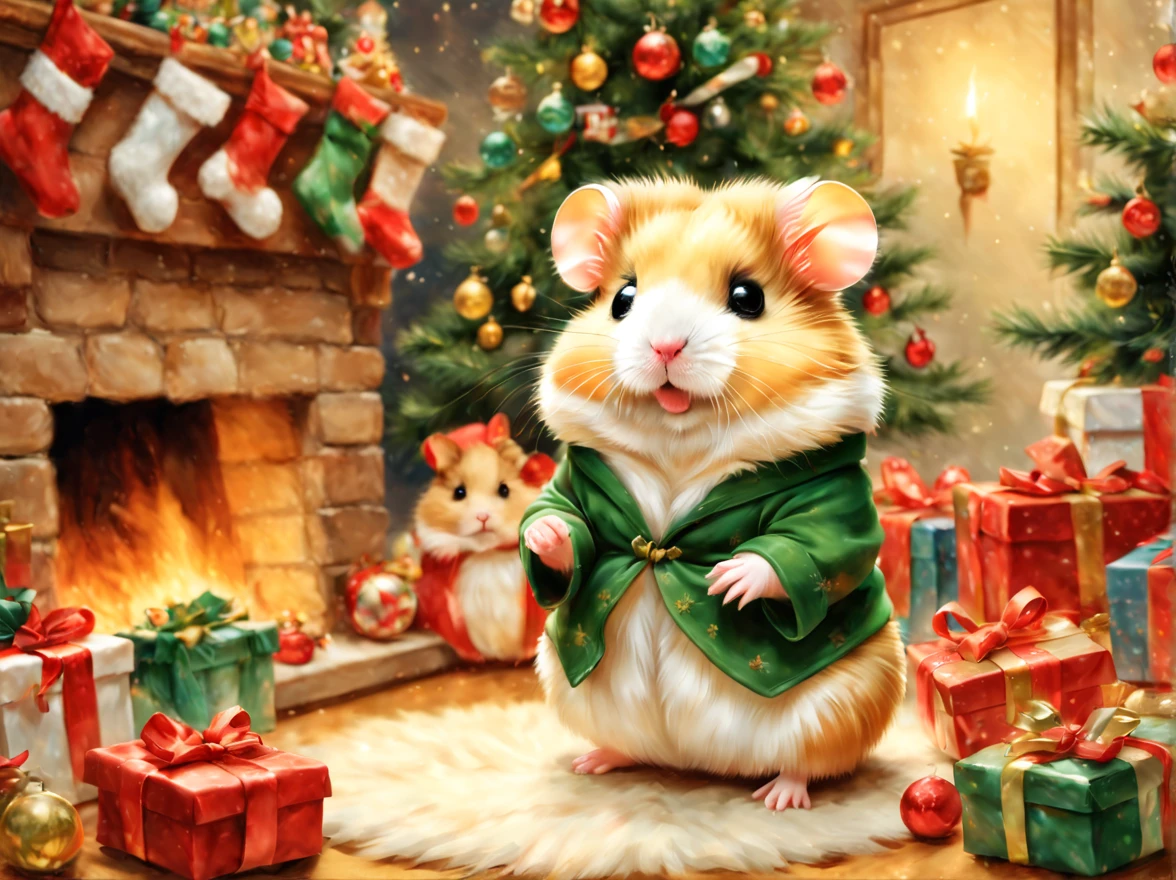 (Christmasパーティ会場:Christmas Decorations),inside in room,Christmas tree,ceiling decoration:Christmas,candy:Christmas,(hamster christmas party),(ダンシングhamster:party attire:dance:pulling the hands up:Opening Mouth:cute little:A delightful:Joy:glad),hamster達,​masterpiece,top-quality,Fluffy hamsters,Christmas,A delightful,tre anatomically correct,The cutest hamster,colourfull,hamster,bow ribbon:red and green,kirakira,Star Ornament,fireplace,Fantasia,randolph caldecott style,illustratio,watercolor paiting,今日はA delightfulChristmasパーティです,最高に素敵なChristmas会場の飾りつけ