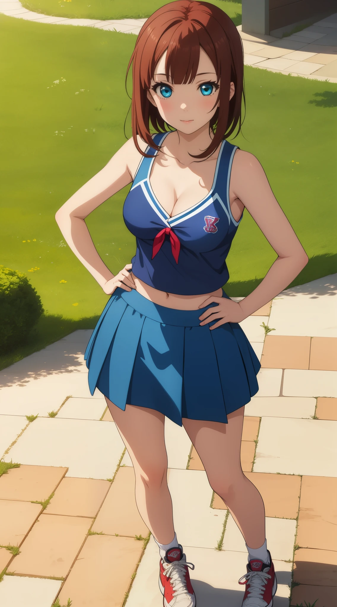 1girl, masterpiece, best quality, highly detailed, illustration, game cg, beautiful detailed eyes, highly detailed face, perfect lighting, kousaka yukiho, dark red hair, blue eyes, cleavage, cheerleader, midriff, grass, standing, sneakers, hand on hip