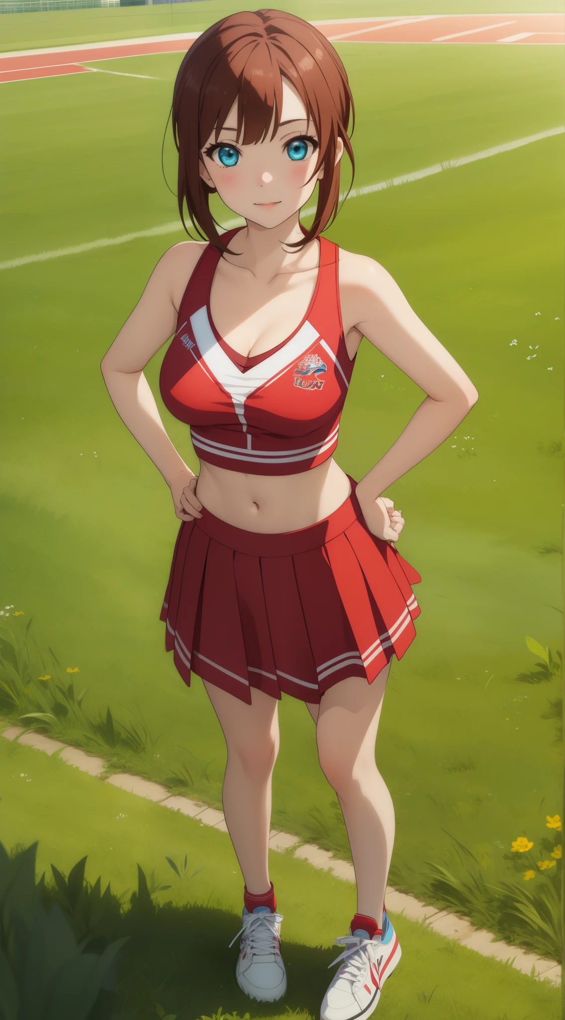 1girl, masterpiece, best quality, highly detailed, illustration, game cg, beautiful detailed eyes, highly detailed face, perfect lighting, kousaka yukiho, dark red hair, blue eyes, cleavage, cheerleader, midriff, grass, standing, sneakers, hand on hip