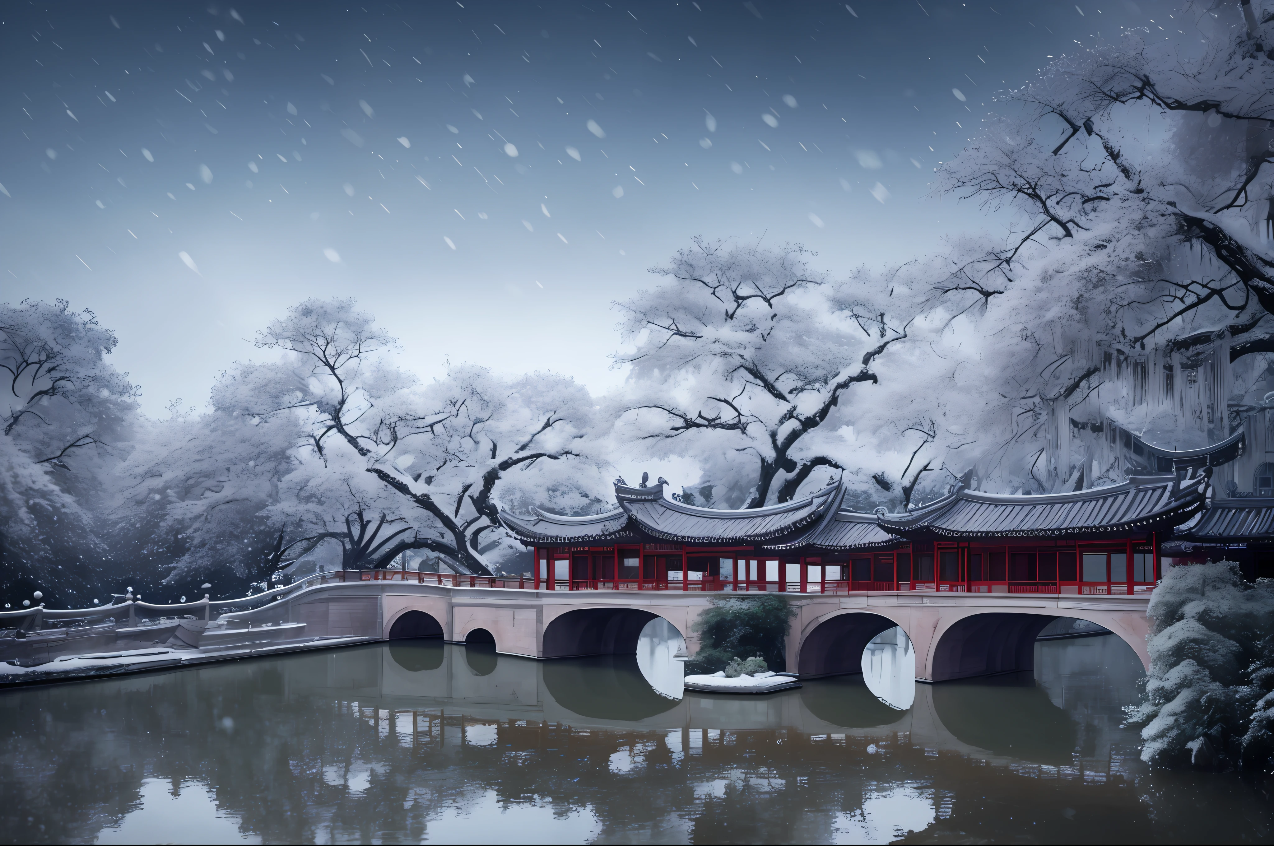 Masterpiece, best quality, high quality, extremely detailed CG unity 8k wallpaper, classical Chinese garden, landscape, amsterdam, winter, ((snowing)), outdoor, sky, daytime, landscape, water, tree, blue sky, waterfall , nature, lake, river, cloudy sky, award winning photography, bokeh, depth of field, HDR, bloom, chromatic aberration, photorealism, very detailed, trending on artstation, trending on CGsociety, intricate, high detail, dramatic, midjourney art