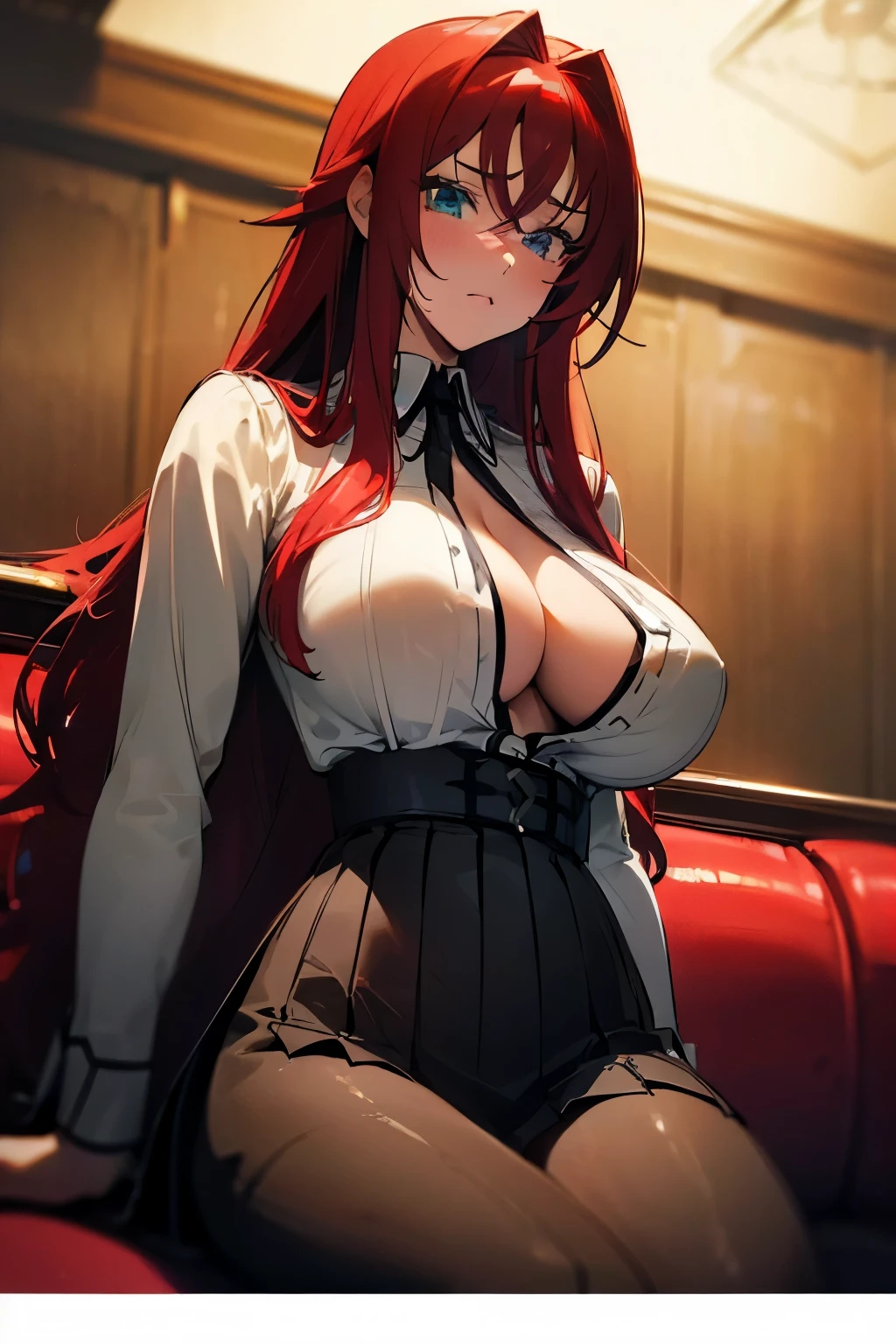 (Masterpiece:1.2, high quality:1.2), (solo:1.2), (1girl:1.2), (pixiv:1.4), (Rias gremory), indifferent, (stare:0.8), crimson red hair, wavy long hair, sharp bangs, crystal green eyes, (detailed eyes), double eyelids, black eyeshadow, long eyelashes, pale pink lips, symmetric face, (detailed face), neckline, collarbone, (beautiful round breats:1.3), voluptuous body, school uniform, unbuttoned shirt, pleated skirt, (pov from below), front view, slim waist, waistline, thighs, body curves, sitting on couch, dynamic lighting, classic wooden wall, (detailed face), ultra-detailed, intrinsic details, vivid colors, aesthetic indoors, castle, HD, 4k, (highres:1.5), professional photography, blurry background, sharp focus, ((detailed face)), highly focused face