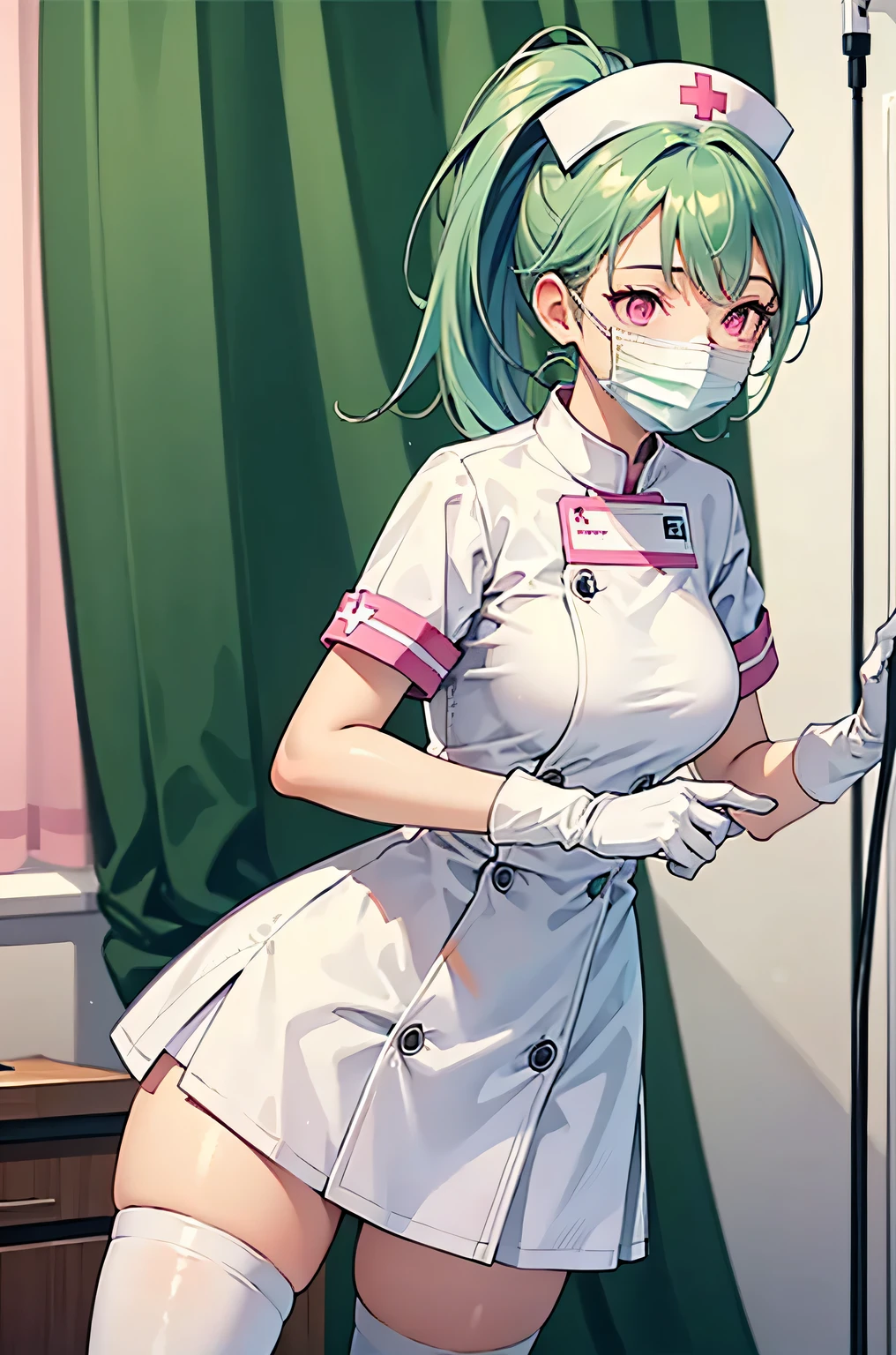 1girl, solo, nurse, nurse cap, white wear, ((white legwear, zettai ryouiki)), white gloves, ponytail, green hair, pink eyes, ((white surgical mask, covered nose)), standing, ((hospital room)), sharp outline, short sleeves, best quality, masterpiece