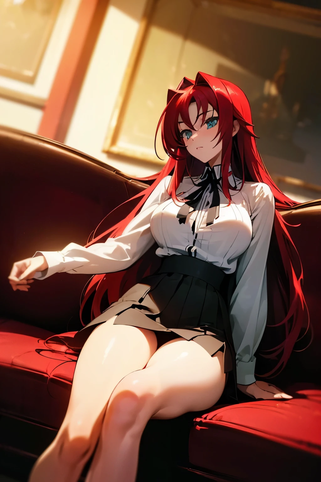 (Masterpiece:1.2, high quality:1.2), (solo:1.2), (1girl:1.2), (pixiv:1.4), (Rias gremory), indifferent, (stare:0.8), crimson red hair, wavy long hair, sharp bangs, crystal green eyes, (detailed eyes), double eyelids, black eyeshadow, long eyelashes, pale pink lips, symmetric face, (detailed face), neckline, collarbone, (beautiful round breats:1.3), voluptuous body, school uniform, unbuttoned shirt, pleated skirt, (pov from below), front view, slim waist, waistline, thighs, body curves, sitting on couch, dynamic lighting, classic wooden wall, (detailed face), ultra-detailed, intrinsic details, vivid colors, aesthetic indoors, castle, HD, 4k, (highres:1.5), professional photography, blurry background, sharp focus, ((detailed face)), highly focused face