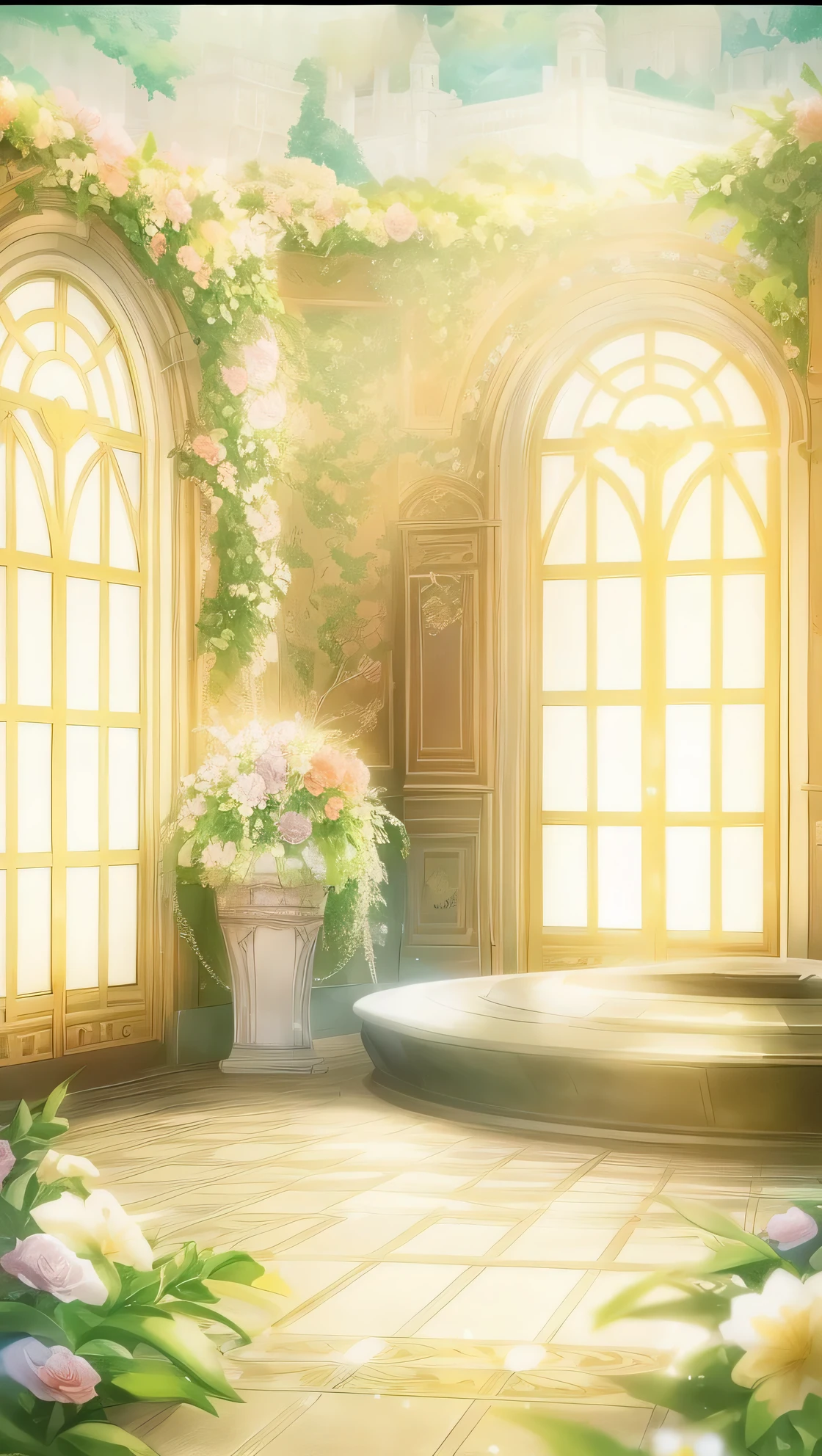 There is a fountain in the center of the courtyard,flowers blooming, interior arte de fundo, anime arte de fundo, fairy tale style background, arte de fundo, royal garden background, dance hall background, arte de fundo deco palace, Anime beautiful peaceful scene, arte de fundowork, arte de fundo nouveau, Personal room background, floral environment, Stunning mysterious background, palace background, anime backgrounds
