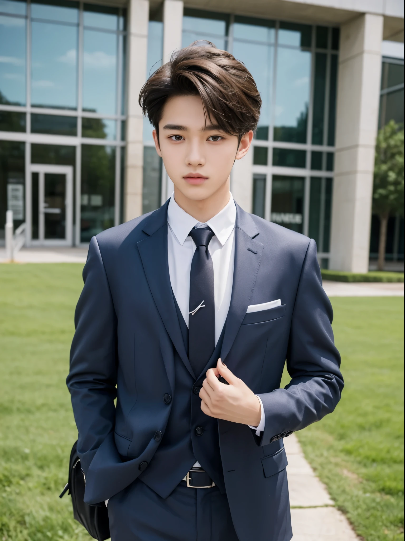 boy, 17 y.o, handsome, suit, tie, school field