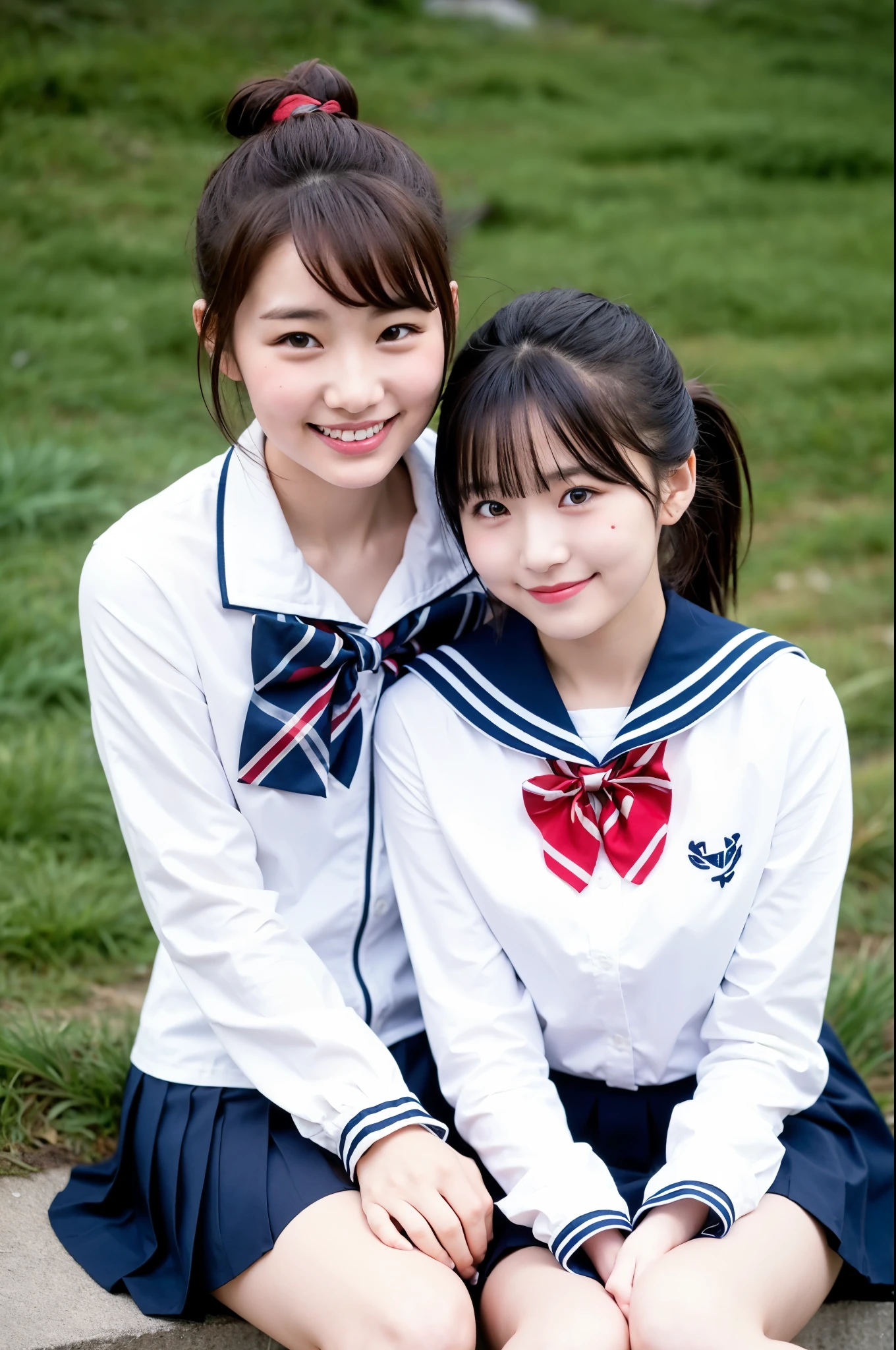 2 girls sitting on rural beach in winter,long-sleeved white sailor shirt with plaid red bow tie,navy blue pleated skirt,school bag,18-year-old,bangs,a little smile,thighs,short cut hair,low ponytail,from below,frontlighting