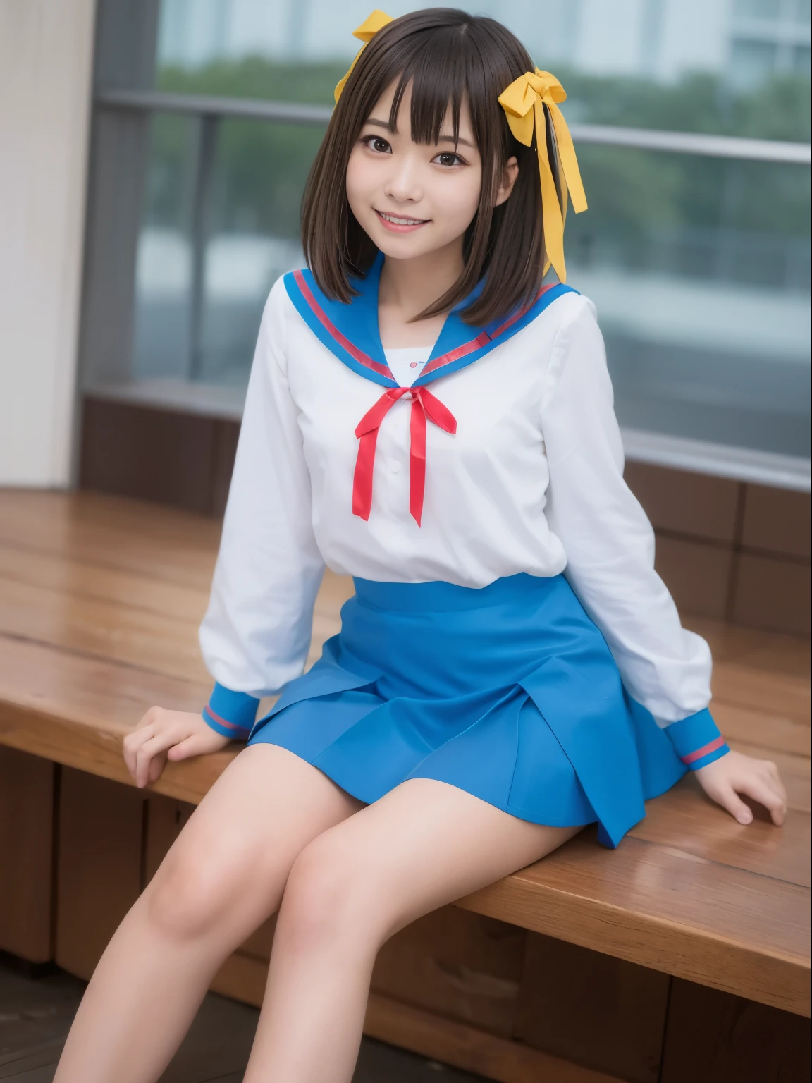 (Raw photography:1.2), (Photorealsitic:1.4),(masterpiece:1.3),(Top image quality:1.4),超A high resolution,(Eye of Detail),(detailed facial features),(detailed clothes features),nffsw,8K分辨率, solofocus, Watch your audience:1.1), dream-like, (Extreme detailed illustration), 1girl in,cute , 15yo scence, (A smile), (full body Esbian), haruhi_nffsw, White long-sleeved shirt and blue collar, a blue skirt, Yellow Ribbon,