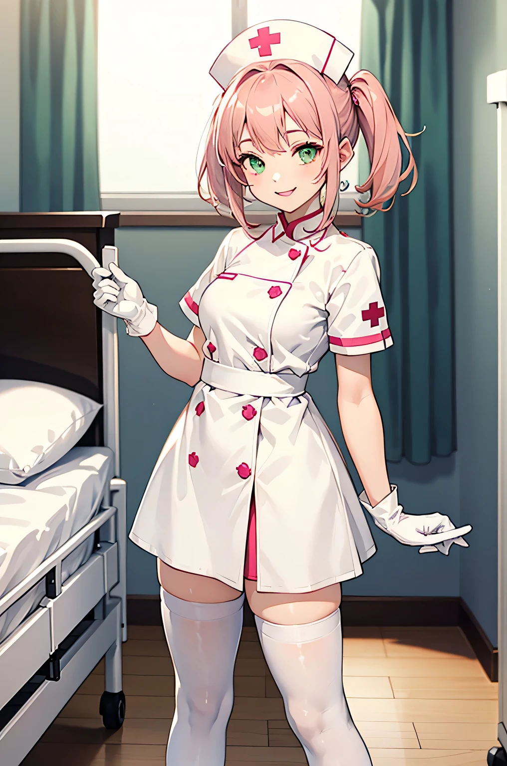 1girl, solo, nurse, nurse cap, white wear, ((white legwear, zettai ryouiki)), white gloves, pink hair, green eyes, drooping eyes, smile, standing, ((hospital room)), sharp outline, short sleeves, best quality, masterpiece