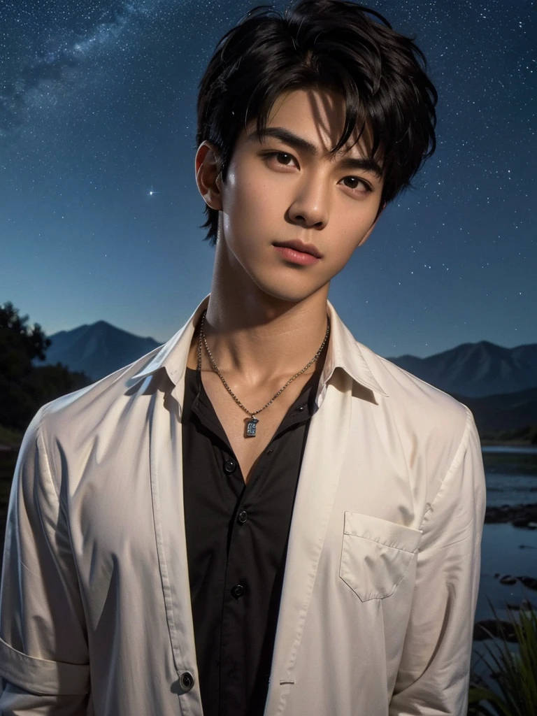 (photorealistic, masterpiece, 8K HD, good lighting quality, portrait, closing up on face, intricate details, dim lighting), a handsome young vietnamese man, 25 years old, sharp gaze, confident, soft smirk, detailed face, detailed eyes, looking at the sky, wearing short-sleeved jacket over shirt, casual wear, necklace, dark brown eyes, (tanned skin), lean physique, black hair, smooth hair, hair bangs, short hair, straight hair, outdoors, dawn, stars, constellation, cosmical, dreamy world, surrealism, ethereal