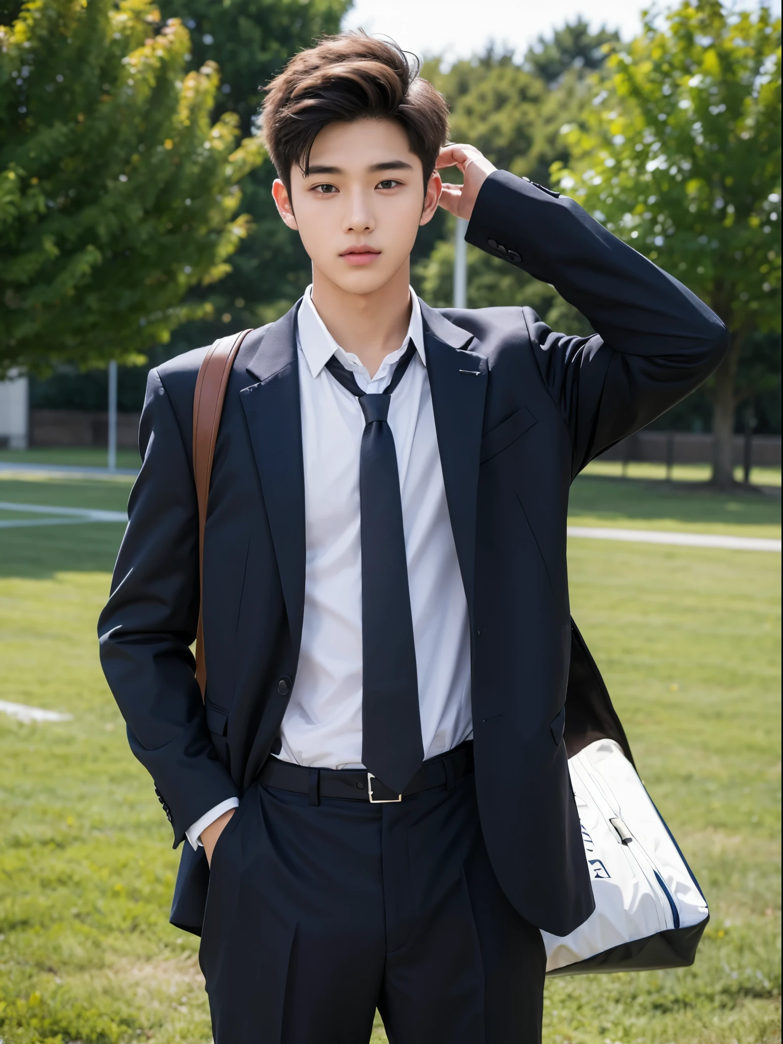 boy, 17 y.o, handsome, suit, tie, school field