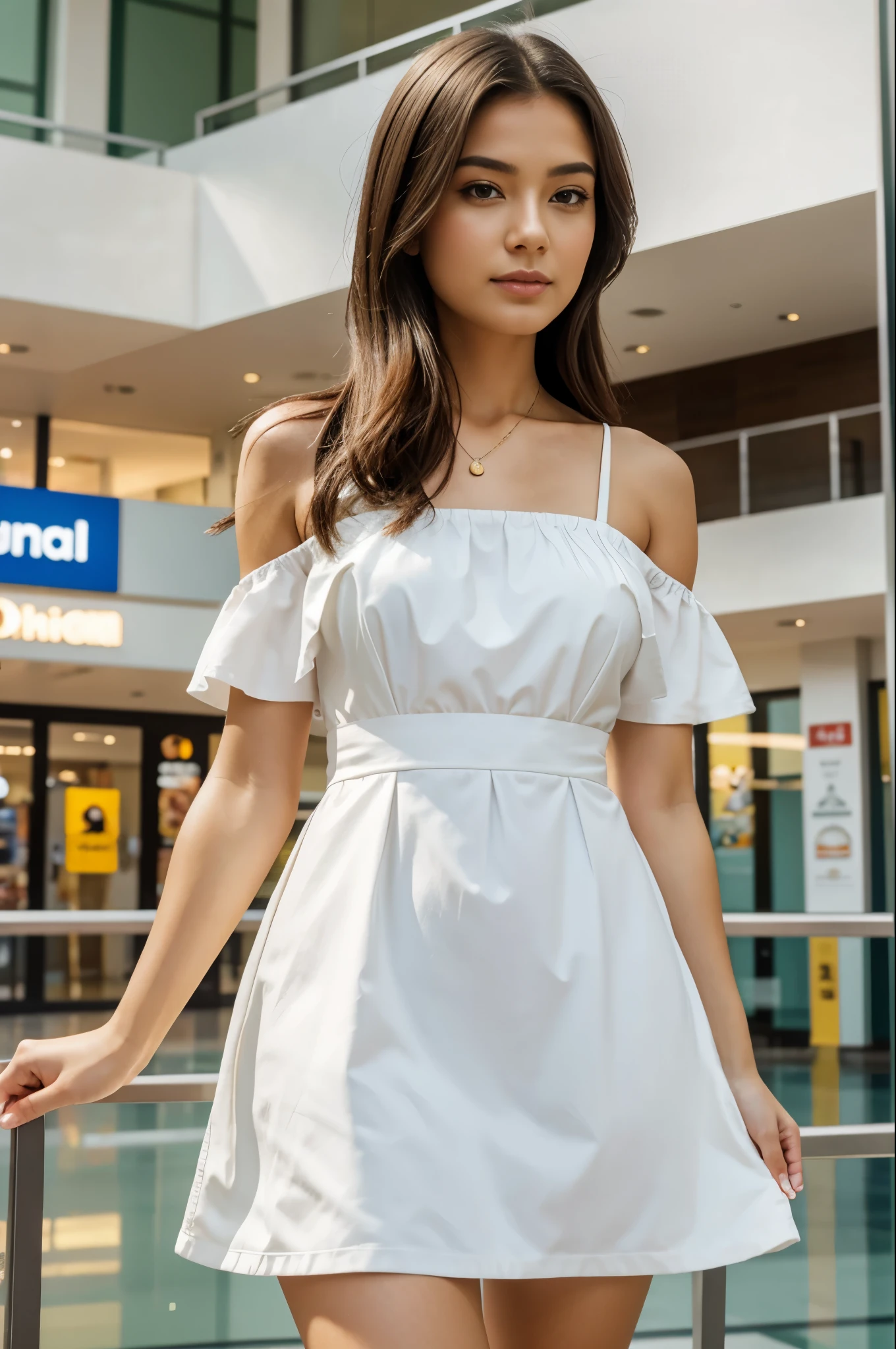 Best quality, masterpiece, ultra high resolution (photorealistic: 1.4), girl, short dress (in shopping mall), looking at viewer, film grain, Sony A9 II, Sony FE 85 mm f/1.4 , natural sunlight, ((medium shot:1.5)), upskirt