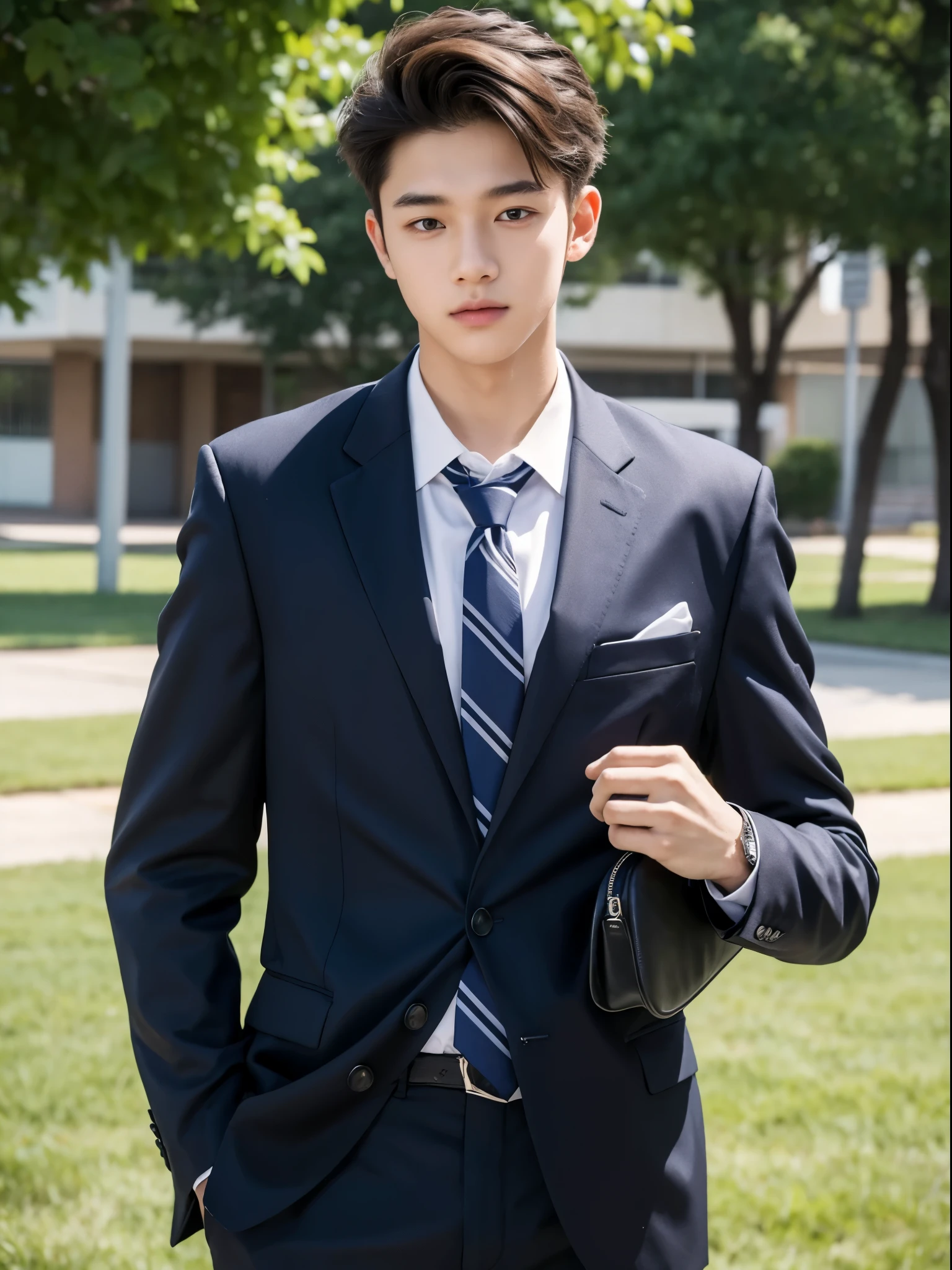 boy, 17 y.o, handsome, suit, tie, school field