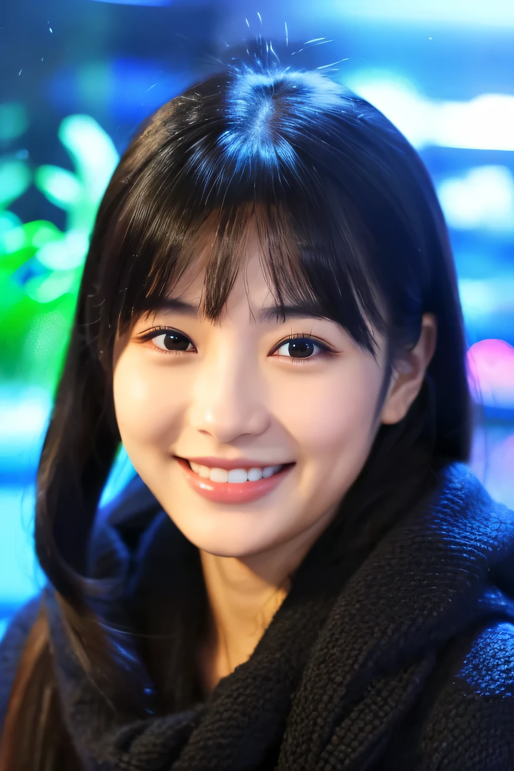 (Best Quality,Ultra-detailed),(Realistic,photoRealistic:1.37),A Japanese Lady,30s,stunning beauty,A smile that melts your lover's heart,aquarium fish tank background,Long Black Hair,Winter clothes
