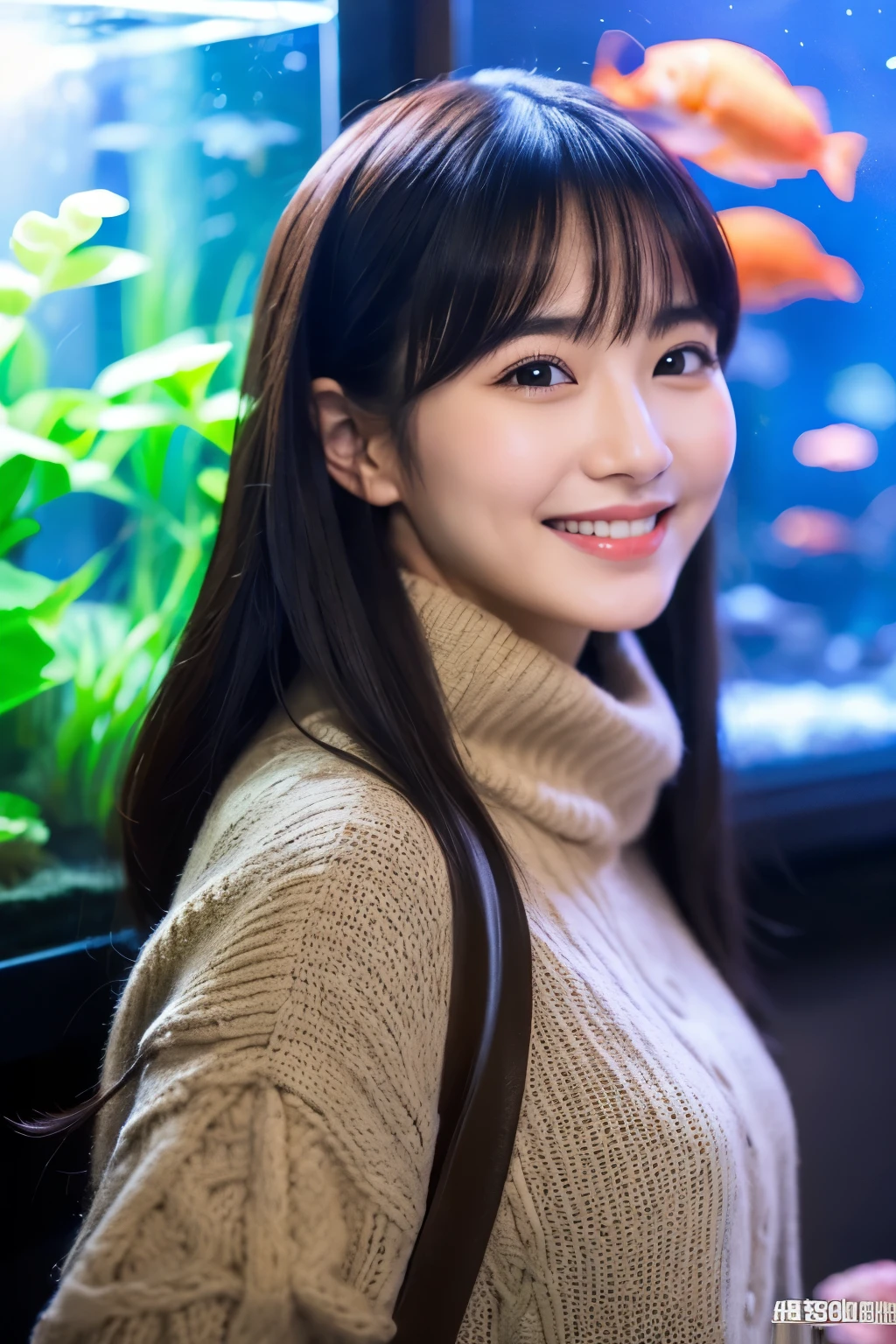 (best quality,ultra-detailed),(realistic,photorealistic:1.37),Japanese woman,30s,stunning beauty,smile that can melt any lover's heart,aquarium tank background,long black hair,winter clothes