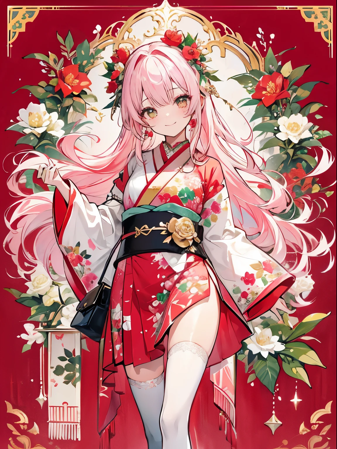 absurderes,hight resolution,ultra-detailliert,1girl in,a closeup、(Cute illustration:1.1)、(watercolor paiting:1.1)、(vibrant glow:1.2)、striking contrast、Beautifully detailed、New Year、kimono、Holly、cinematric light,1girl in、(Wear red and green lace feathers:1.5)、masutepiece, Best Quality, Extremely detailed, Anime, Christmas Colors、Holly、Flower Arrangement Wreath Background、A smile、、 Dress, knee sox, Lace, New Yearの雰囲気:1.1、A smile、(PastelColors:1.2)、(Cute illustration:1.2)、(watercolor paiting:1.2)、、,levitation:1.1、Thick wool gown:0.3,Wearing a golden glow、Look at viewers