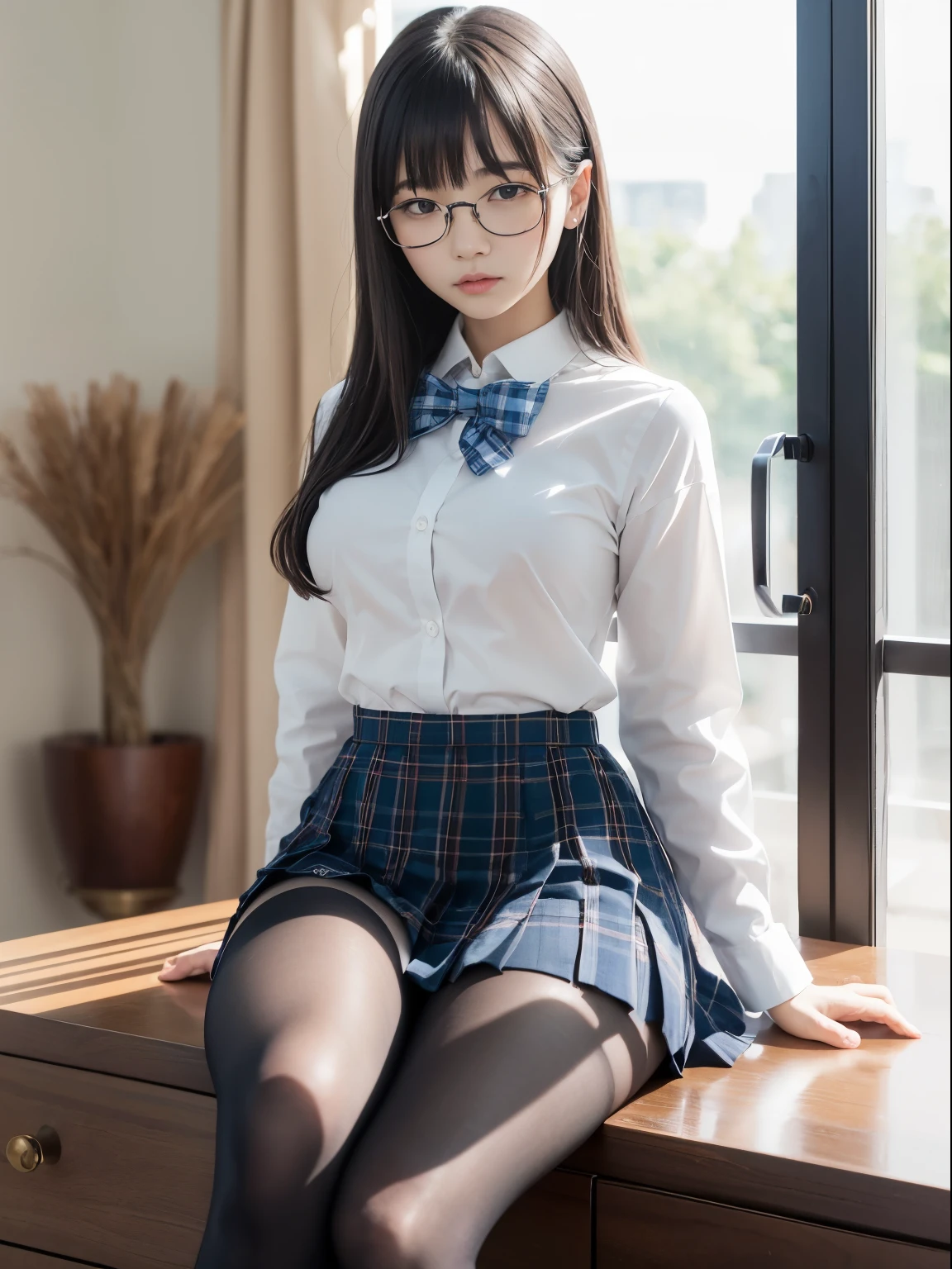 (I see underwear)、((細いThe eye))、((細いThe eye))、((細いThe eye))、(8K、生a picturegraphy、top-quality、​masterpiece：1.2),、Has a small、(flat breast)、(flat breast)、(flat breast)、(flat breast)、(flat breast)、(being thin)、light skinned、skin whitening、Dark look、Rasping,glamor,light skinned肌,cocky,School,watching at viewers,Looking at the front,Muchimuchi,High-pitched clothing,Erotic,Pupils,de pele branca,kne,((Black pantyhose)),absurderes,a small face,,Forehead visible,Bangs hanging from the left and right sides of the forehead,(a cold expression,The eyeがきつめ,glares,Bullish,irate)、​masterpiece,top-quality、超A high resolution,生a picture,ren,Beautiful fece,One Person, 独奏,eye glass,,Dark look,Small breasts,fullllbody,(まるeye glass),JK school uniform,hi-school girl,A Japanese Lady, （Photorealsitic：1.37）、Photon mapping,Realistic、Beautie,Cute little face,ブラウンThe eye、Black socks、(Red bow tie)、Radio City、Physically Based Rendering、depth of field rally background、a picture,Body,beauty legs, Long legs, Thin leg,(Bangs are visible), hair, s lips, Blue_The eye, nosesoft,(Light blue shirt), (Navy and blue and white plaid pleated skirt), kneが見える,Sheer clothing,, Thigh, Black cotton socks,Nogizaka Idol, , Japanese ido