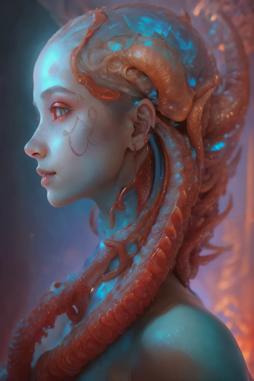 Portrait, (beautiful female alien:1.2),  (There is a female genital-like organ in the middle of the forehead:1.8), (The most beautiful face in the history of the universe:1.2), (Scarlet eyes that shine mysteriously:1.6), (Translucent skin:1.8), an evil gaze that seduces, (red eyes:1.5), (large mouth:1.1), sharp teeth like a shark, Full body like, (bio luminescent:1.2), (Smile wickedly:1.3),  (sexypose:1.5), alien, No humans, cells are fused, (Lots of translucent tentacles:1.1) (Translucent skin:1.3), extraterrestrial, cell, bio image, Best Quality, 8K,4K_quality, High Definition, Dramatic Lighting, masutepiece:1.5,cinematic quality, detail up, (Intricate details:1.2), High resolution, High Definition, drawing faithfully, (Thick eyebrows:1.2), Beautiful eyes with fine symmetry, (Ultra detailed eyes:1.2),(Highly detailed face and eyes:1.2), (High-resolution red-eye:1.4), Intimate face, (Super detailed skin quality feeling:1.4), Perfect Anatomy,  (Beautiful toned body:1.5),  (Moist skin:1.2), No makeup, (dark circles:1.1), long canines, cinematic drawing of characters, ultra high quality model, cinematic quality, detail up, (Intricate details:1.2), High resolution, High Definition, drawing faithfully, Official art, Unity 8K wall  , 8K Portrait, Best Quality, Very High resolution, ultra detailed artistic photography, midnight aura,  unreal enginee 5, Ultra Sharp Focus, art by alberto seveso, ArtGerm, Roisch, intricate artwork, best quality, masutepiece, ultra High resolution, (photos realistic:1.4), Ultra-realistic realism, dream-like,  nautilus, Creation of fantasy, Snail, Dream Snail,  biopunk nautilus, Thrilling color schemes， Ultra-realistic realism， seductively smiling, Blue tentacles