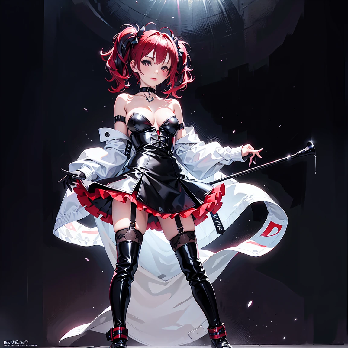 fishnets, ((solo, solo focus, solo girl,1girl))++,(evil dominatrix succubus Marinette Dupain-Cheng Ladybug)+++,low_twintails, red_hair, two tone hair, multicolored_hair, black_hair, solo, short_hair, high_heels, garter_straps, thighhighs, piercing, bare_shoulders, collar, nipple_piercing, red_eyes, thioots, corset, boots, lips, small_breasts, standing, looking_at_viewer, no_panties, gloves, makeup, garter_belt, full_body, lipstick, black_legwear, thighs, thick_thighs, parted_lips, coat, shiny, cleavage, dress, strapless, black_footwear, evil_red_eyeackground, large_breasts, areolae, shiny_skin, choker, grey_background, red_lipstick, black_gloves, blush, pubic_hair, detached_sleeves, no_bra, cumdrip, personification, high_heel_boots, black_lipstick, tattoo, elboloves, eyeshadow, bdsm, smoking, bangs, watermark, off_shoulder, strapless_dress, paris background