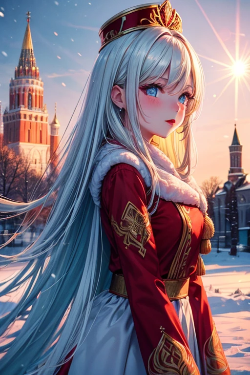 Gorgeous Russian girl, Cyan eyes, Long blond hair, red traditional dress, blushful, red lipstick, snowfall, sun, with the Kremlin in the background
