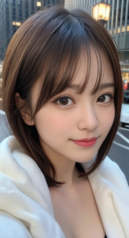 masutepiece, Best Quality, Illustration, Ultra-detailed, finely detail, hight resolution, 8K Wallpaper, Perfect dynamic composition, Beautiful detailed eyes, Winter dress,Medium Hair, Small breasts, Natural Color Lip, Random and sexy poses,Smile,Big city、26-year-old girl、Midnight、beautifull detailed face、Perfect and beautiful face,Big eyes
