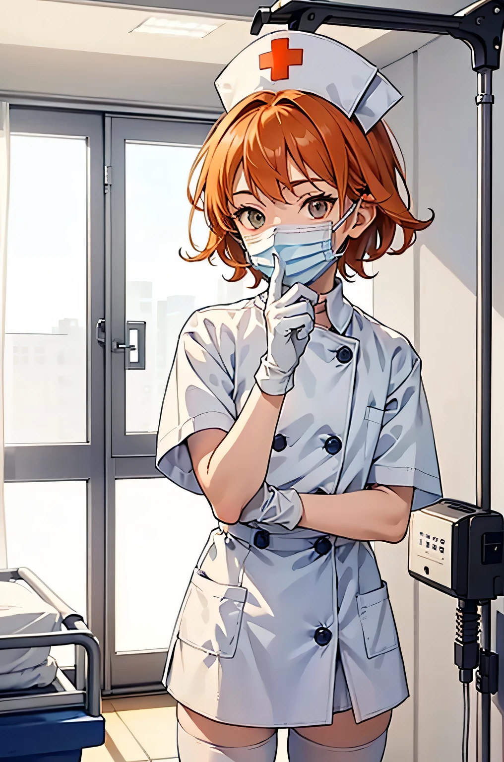 1boy, solo, male focus, nurse, nurse cap, white wear, ((white legwear, zettai ryouiki)), white gloves, short hair, orange hair, ((white surgical mask, covered nose)), standing, ((hospital room)), sharp outline, short sleeves, shota, , best quality, masterpiece