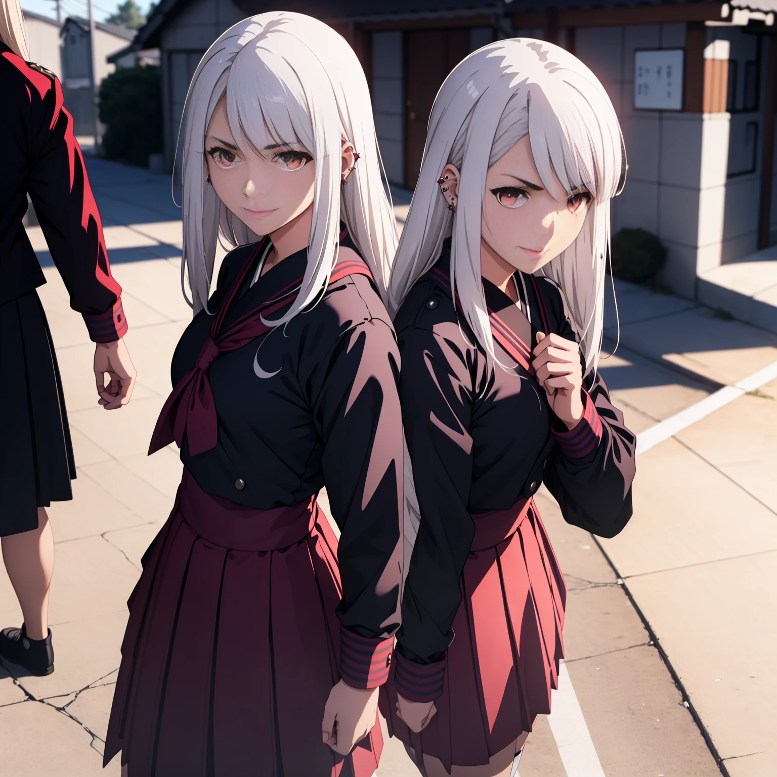 sukeban, illyasviel_von_einzbern, mature_female, silver hair, holding yoyo, combat pose, full body, flowing hair, hair between the eyes, asymmetrical hair, red eyes, delicate facial features, sukeban deka clothe, black japanese school uniform, looking_at_viewer, outdoors, background tokyo, ((solo, solo focus, solo girl,1girl))+++++,woman in a black sukeban costume standing on a set of strees, black japanese sukeban school uniform, 80's japanese sukeban photo, wearing black japanese sukeban school uniform, rumiko, sukeban japanese girl school uniform, dressed as sukeban schoolgirl, black sukeban female sailor uniforms, sukeban sailor uniform, sukeban seifuku, of a schoolgirl posing, of a youthful sukeban japanese girl, wearing sukeban headmistress uniform, 90s japan, sukeban, long black skirt, red basket, full body, light skin tone female, full body, tape, arm_support, gloves, red_gloves, bridal gauntlets, black_footwear, fighter outfitfull body, hourglass, mature face, cheeky smile, cheeky face, wrinkles,( short hair, earrings, ear piercings), realistic, (fighting art, Martial arts, standing, fighting_stance, fight, fighting), extra colors, 2D, megapixel, perfectionism, accent lighting, full HD , 4K, masterpiece, empty red eyes