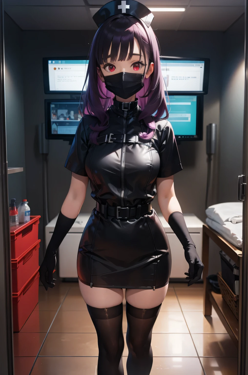 black nurse, 1woman, solo, black nurse cap, black nurse uniform, ((black legwear, zettai ryouiki)), black elbow gloves, long hair, purple hair, red eyes, ((black surgical mask, covered nose)), standing, ((surgery room)), sharp outline, short sleeves, mature female, 35 years old, best quality, masterpiece