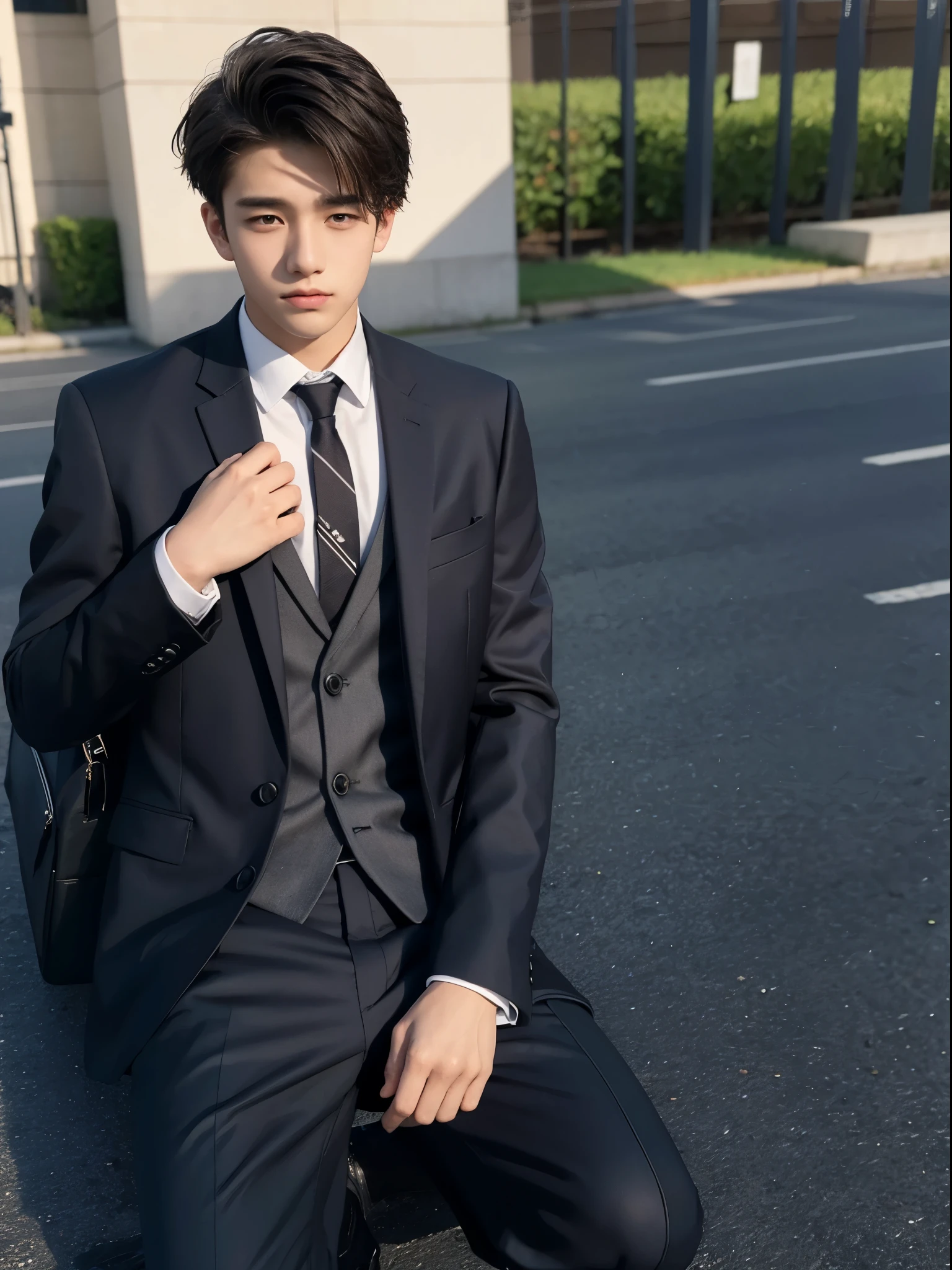 boy, 17 y.o, handsome, suit, tie, school field