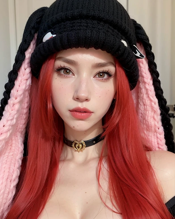 a close up of a woman with red hair wearing a black hat, belle delphine, with long red hair, ava max, Red wig, crimson-red hair and red eyes, with long floppy rabbit ears, ultrarealistic sweet bunny girl, pale red, with hare ears, black and red hair, Pink & Red Color Style, red dyed hair, with red hair