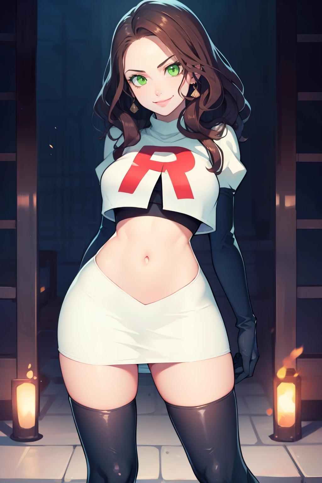 dorothea, green eyes, glossy lips ,team rocket,team rocket uniform, red letter R, white skirt,white crop top,black thigh-high boots, black elbow gloves , looking at viewer, evil smile, arms crossed