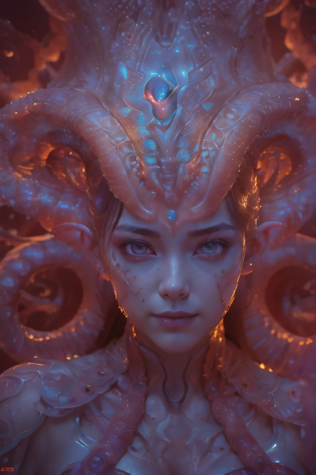 (A portrait of one beautiful and horrable female alien who is a ager:1.4), ((There is a female genital-like organ in the middle of her forehead:1.8)), (realistic face:1.2), Hyper-realistic crystal clear skin, she is so sleepy, (Numerous award-winning masterpieces, with incredible detail, textures and maximum detail), midnight aura, unreal engine 5, Ultra Sharp Focus, midnight aura, unreal engine 5, Ultra Sharp Focus, (art by Amano Yoshitaka:1.5), ArtGerm, Roisch, intricate artwork, ultra realistic realism, high resolution, High freshness, drawing faithfully, official art, Unity 8K Wall paper, ultra detailed artistic photography, dream-like, Creation of fantasy, dream Snail, (biopunk nautilus:1.3),Thrilling color schemes, Amazing mutation, well-proportioned body, goddess of the deep sea, fractal, Geometric pattern, impossible figures, (a lot of crystal clear white tentacles with luminescent organs:1.4), subtle emerald green accents, (smiling seductively:1.3),(She has the most beautiful face in the history of the universe:1.5), (she is looking down at viewers with glowing red eyes with no pupils:1.3), an evil gaze that seduces, cinematic lighting, (no makeup:1.3), (Vampire-like long canine teeth can be glimpsed through the gap between the cute lips:1.5), in the hall of the palace, Sweet breath is exhaling from beautiful lips, ecstatic expression, she has numerous translucent tentacles from her head like hair