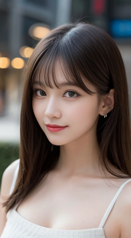 masutepiece, Best Quality, Illustration, Ultra-detailed, finely detail, hight resolution, 8K Wallpaper, Perfect dynamic composition, Beautiful detailed eyes, Winter dress,Medium Hair, Small breasts, Natural Color Lip, Random and sexy poses,Smile,Big city、27-year-old girl、Midnight、beautifull detailed face、Perfect and beautiful face,Big eyes