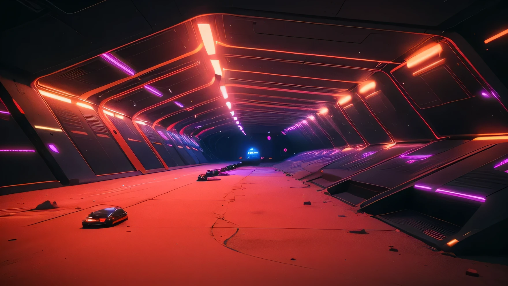 a bright tunnel,There are red floors and purple walls, in style of beeple, inspired by Mike Winkelmann, style hybrid mix of beeple, beeple |, Dark cyberpunk neon vibe, beeple colors, beeple and mike winkelmann, beeple. Octagonal rendering, 3 d render beeple,Sense of speed,Sense of space,Pure background