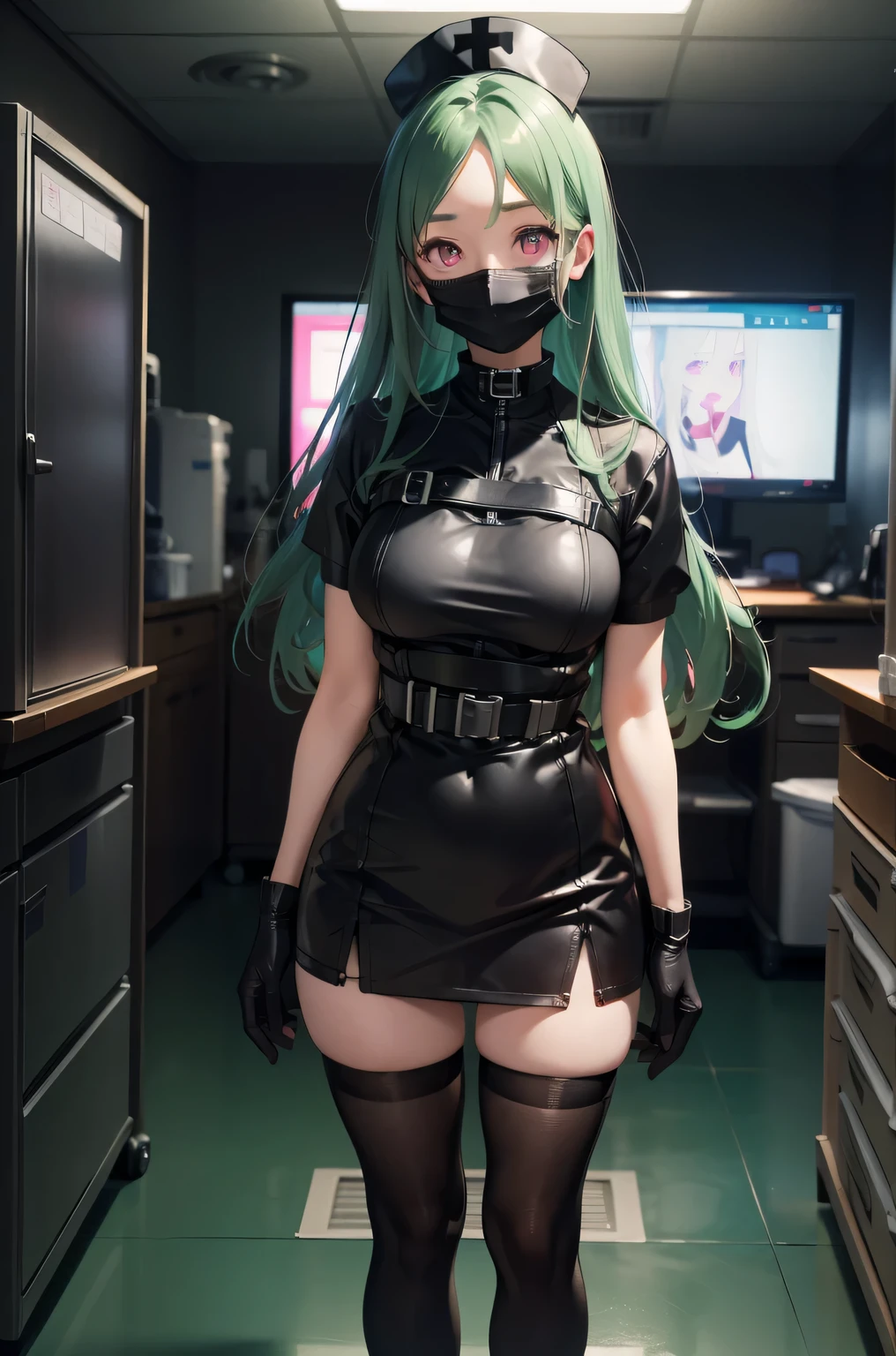 black nurse, 1 girl, alone, black nurse cap, Black Wear, ((black legwear, zettai ryouiki)), black elbow gloves, ponytail, green hair, pink eyes, ((Black surgical mask, Covered nose)), Are standing, ((operating room)), sharp outline, short sleeve, highest quality, masterpiece