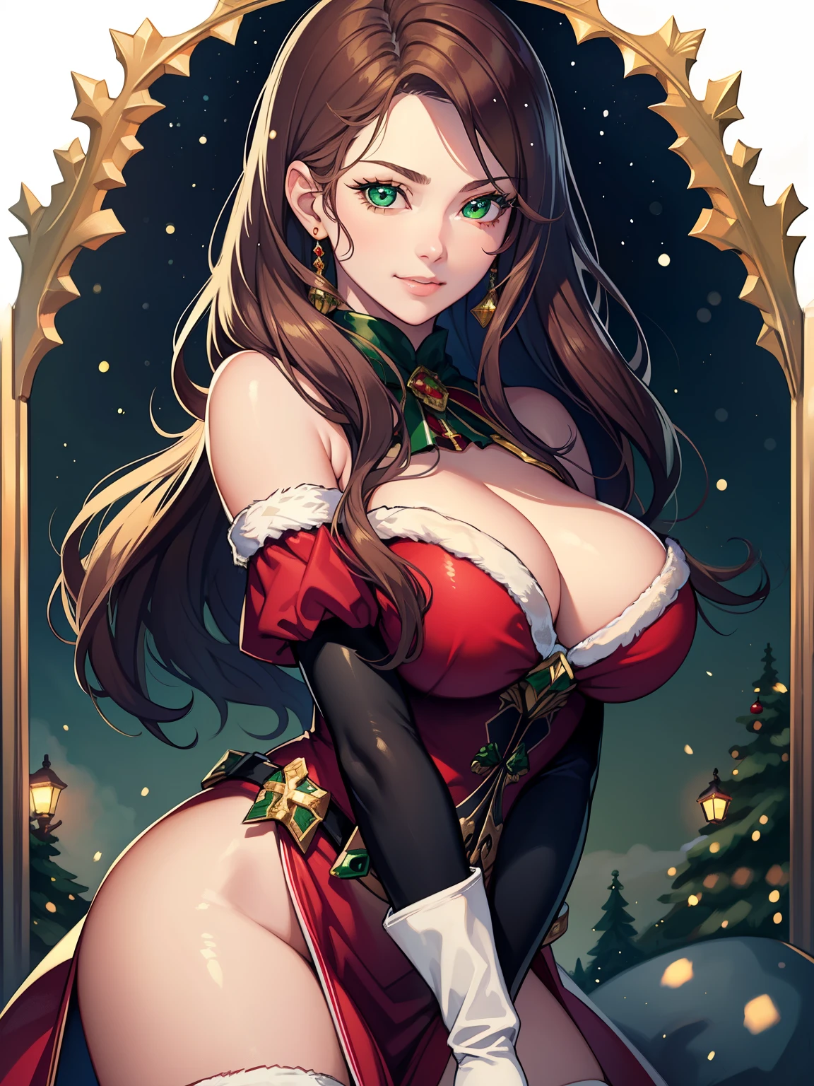 1girl, solo, masterpiece, best quality, high res, highly detailed, (illustration), beautiful detailed eyes, dorothea, green eyes ,glossy lips, light makeup, warm smile, long white satin elbow gloves ,cowboy shot, (santa), red santa dress, full body, elbow white gloves, long white gloves