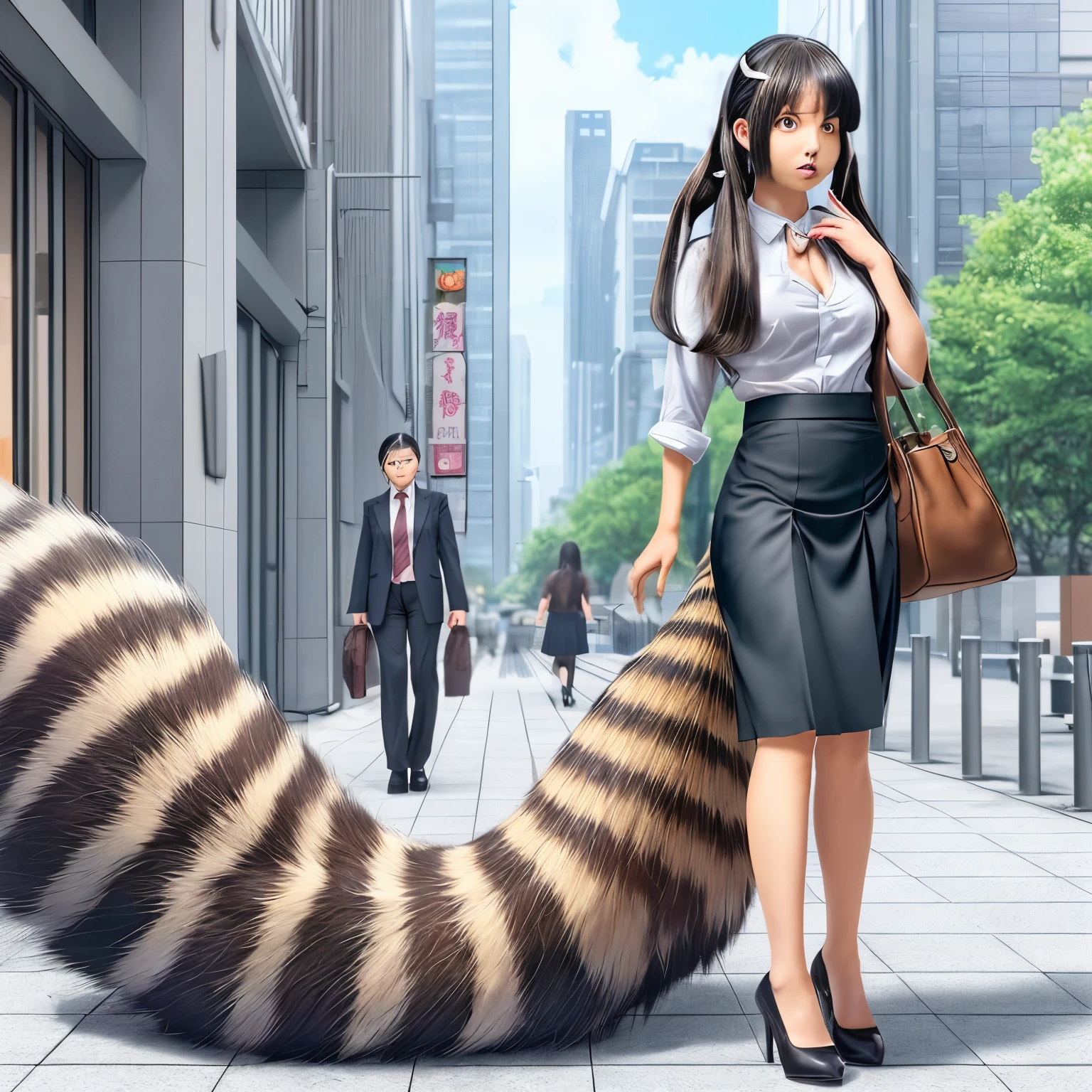 A woman wearing a pleated miniskirt with a raccoon tail, anthropomorphic racoon, けもの, Realistic, a picture, top-quality, Surprised face , Troubled face, Her pleated miniskirt is flipped up and her tail is visible.(1.5) ,Realistic tail, small tits, slender, White panties, tail