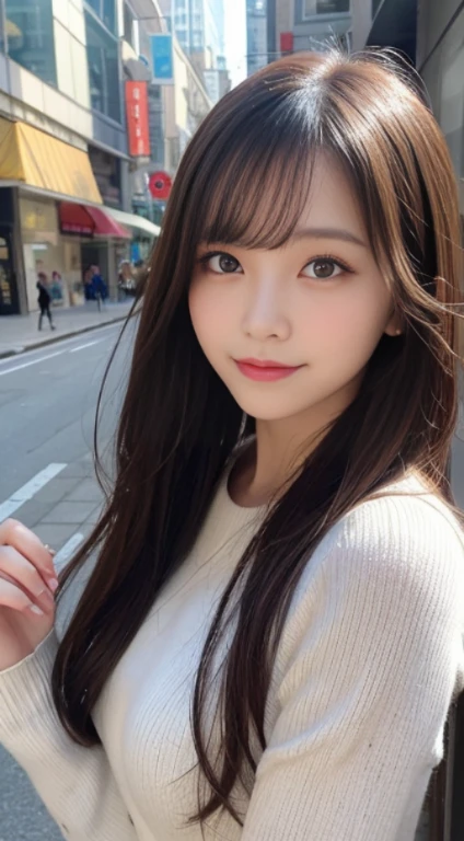 masutepiece, Best Quality, Illustration, Ultra-detailed, finely detail, hight resolution, 8K Wallpaper, Perfect dynamic composition, Beautiful detailed eyes, Winter dress,Medium Hair, Small breasts, Natural Color Lip, Random and sexy poses,Smile,Big city、27-year-old girl、Midnight、beautifull detailed face、Perfect and beautiful face,Big eyes、Tehepero
