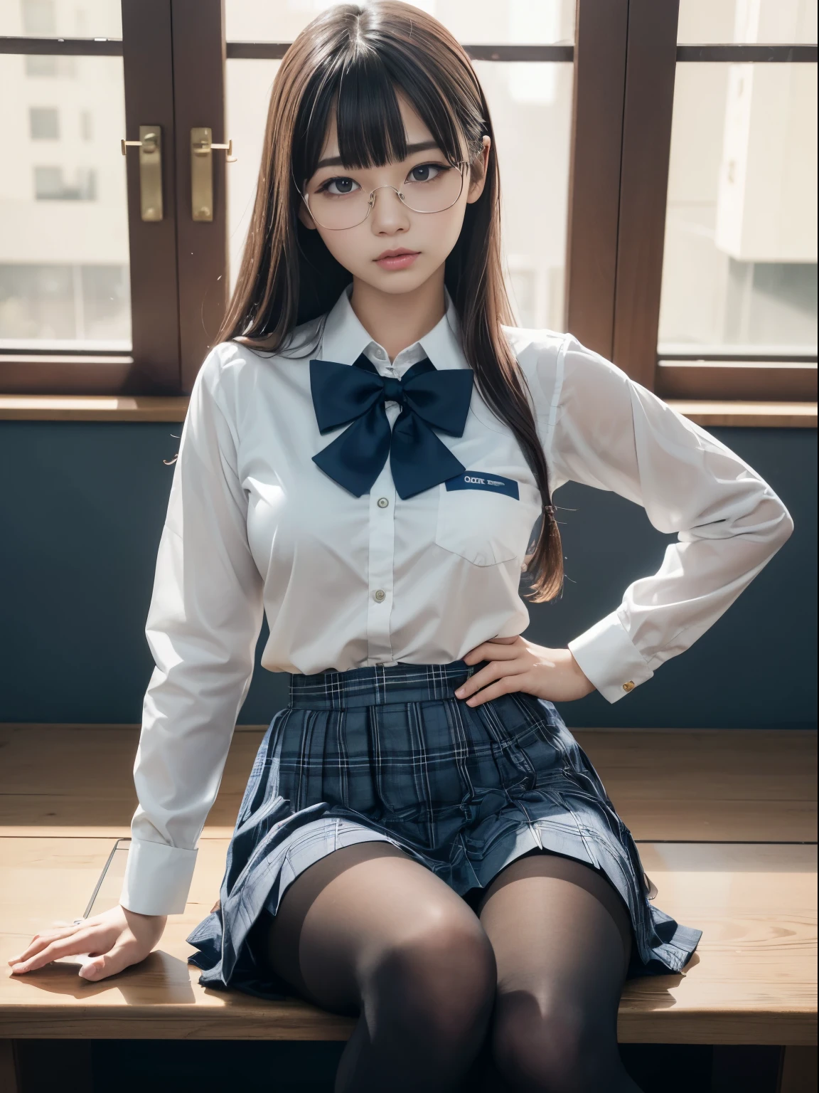 (I see underwear)、((細いThe eye))、((細いThe eye))、((細いThe eye))、(8K、生a picturegraphy、top-quality、masterpiece:1.2),、Has a small、(flat breast)、(flat breast)、(flat breast)、(flat breast)、(flat breast)、(being thin)、light skinned、skin whitening、Dark look、Rasping,glamor,light skinned肌,cocky,School,watching at viewers,Looking at the front,Muchimuchi,High-pitched clothing,Erotic,Pupils,de pele branca,kne,((Black pantyhose)),absurderes,a small face,,Forehead visible,Bangs hanging from the left and right sides of the forehead,(a cold expression,The eyeがきつめ,glares,Bullish,irate)、masterpiece,top-quality、超A high resolution,生a picture,ren,Beautiful fece,One Person, 独奏,eye glass,,Dark look,Small breasts,fullllbody,(まるeye glass),JK school uniform,hi-school girl,A Japanese Lady, (Photorealsitic:1.37)、Photon mapping,Realistic、Beautie,Cute little face,ブラウンThe eye、Black socks、(Red bow tie)、Radio City、Physically Based Rendering、depth of field rally background、a picture,Body,beauty legs, Long legs, Thin leg,(Bangs are visible), hair, s lips, Blue_The eye, nosesoft,(Light blue shirt), (Navy and blue and white plaid pleated skirt), kneが見える,Sheer clothing,, Thigh, Black cotton socks,Nogizaka Idol, , Japanese ido